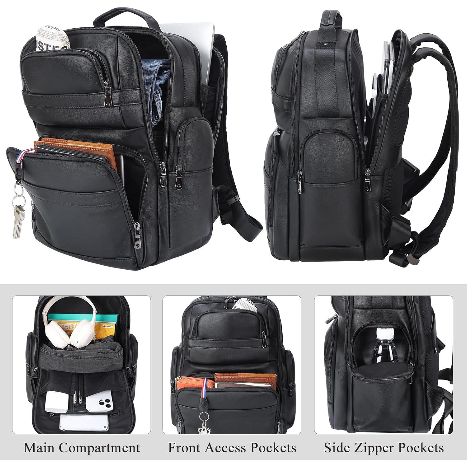Mochila de Cuero TIDING para Laptop 15.6" Negra Gran Capacidad