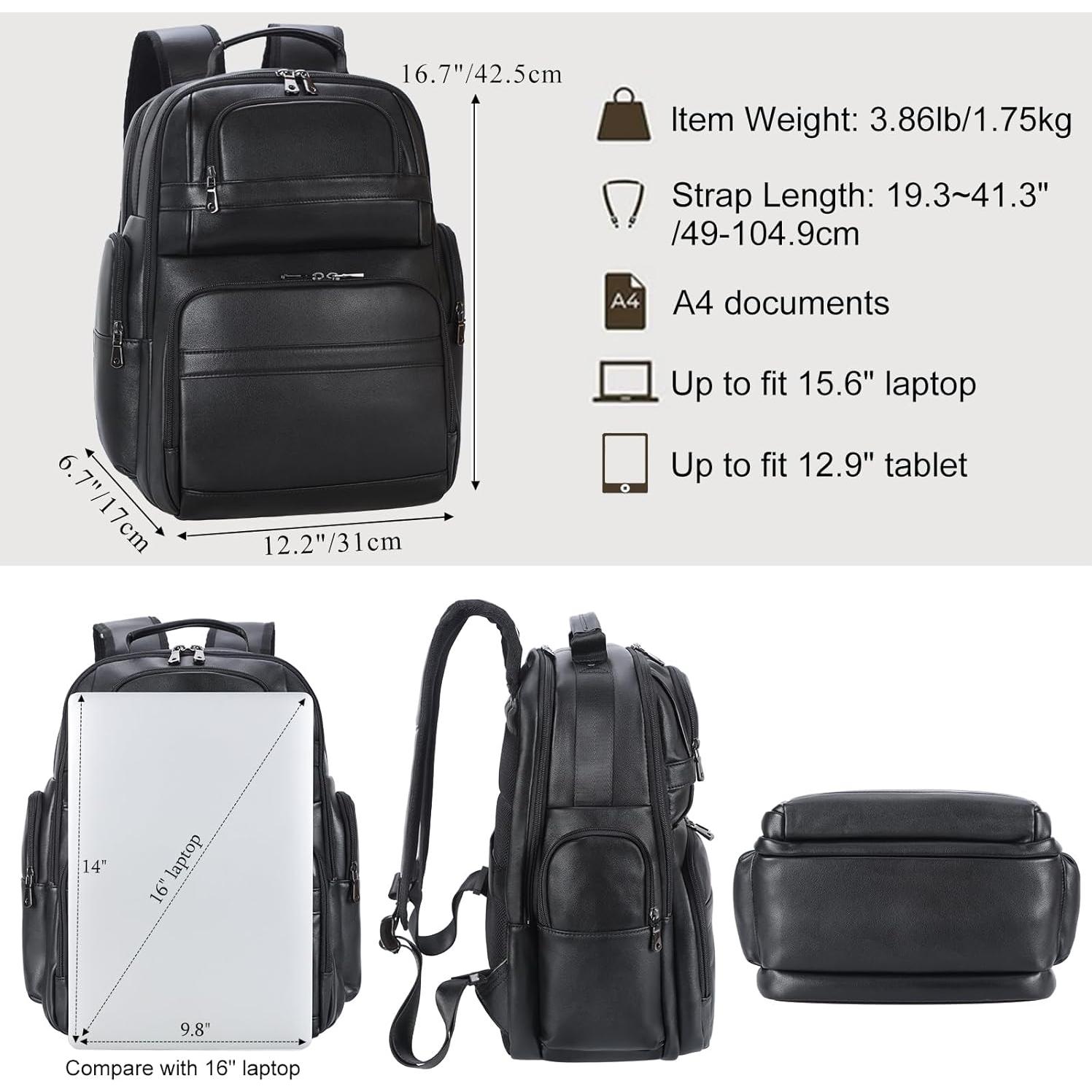 Mochila de Cuero TIDING para Laptop 15.6" Negra Gran Capacidad