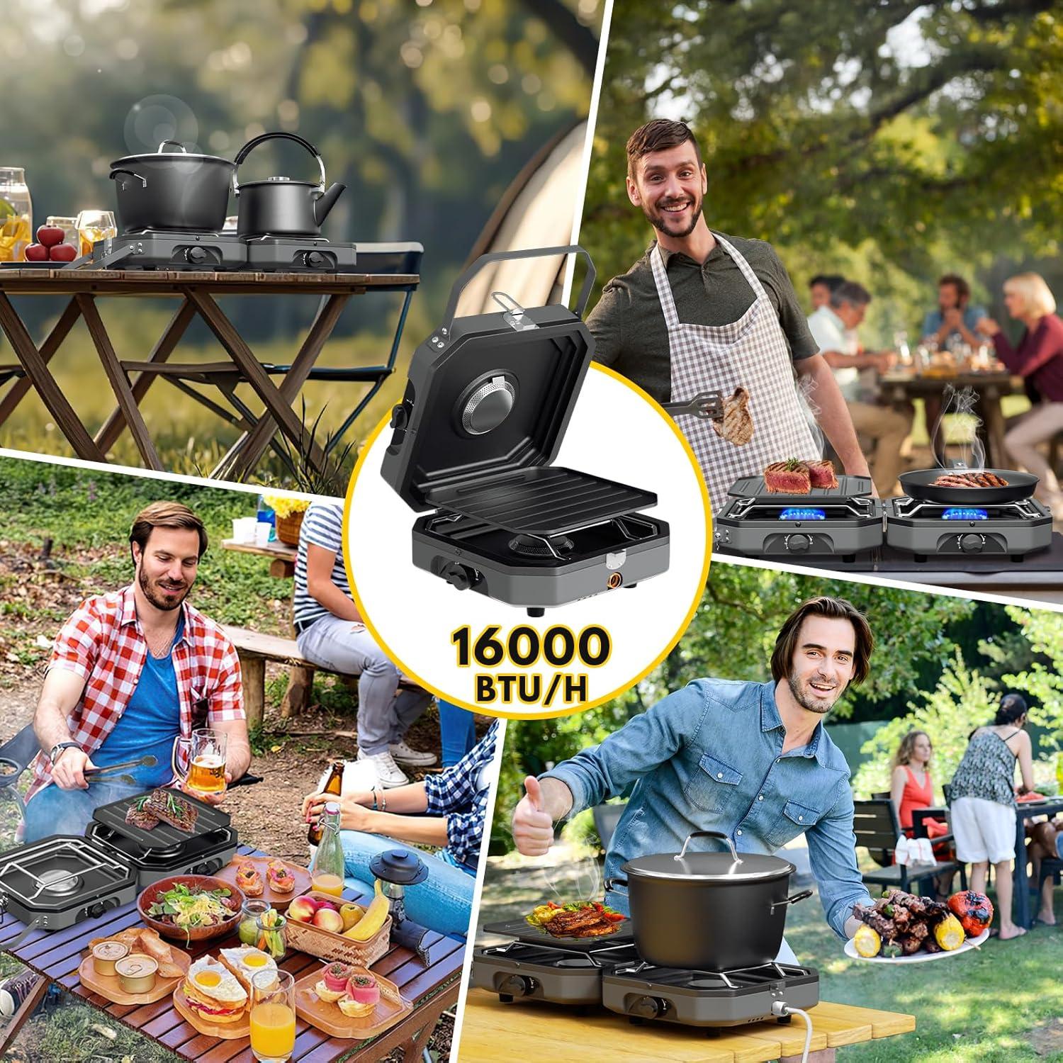 Estufa portátil Kirumie 2 quemadores 16000 BTU Propano Gris