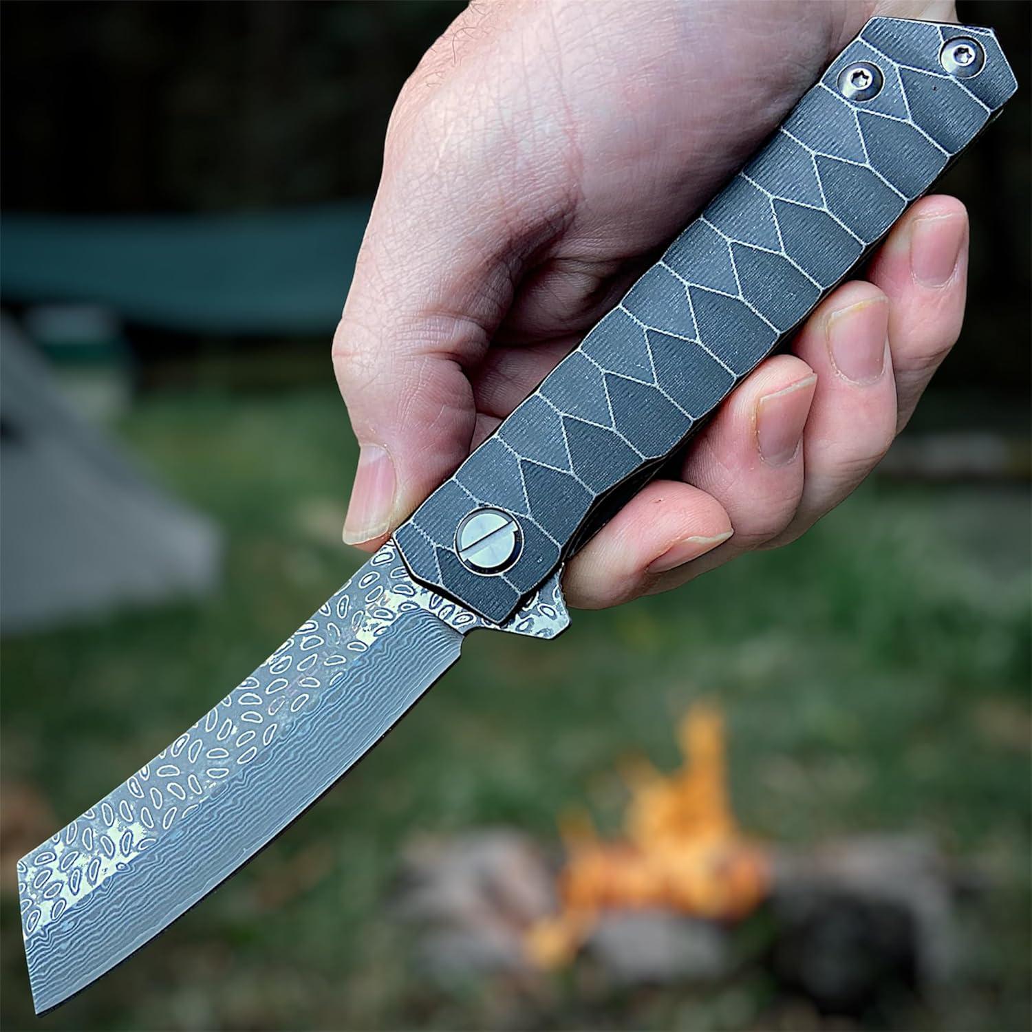 Damascus Pocket Knife for EDC, Solid Tc4 Titanium Handle, Multi-Layered Damascus Steel VG10 Blade, Includes Sheath (Saint DXS)