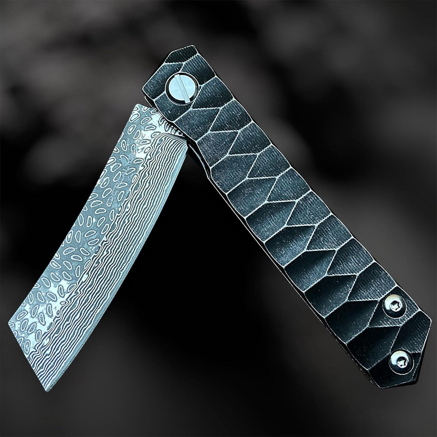 Damascus Pocket Knife for EDC, Solid Tc4 Titanium Handle, Multi-Layered Damascus Steel VG10 Blade, Includes Sheath (Saint DXS)