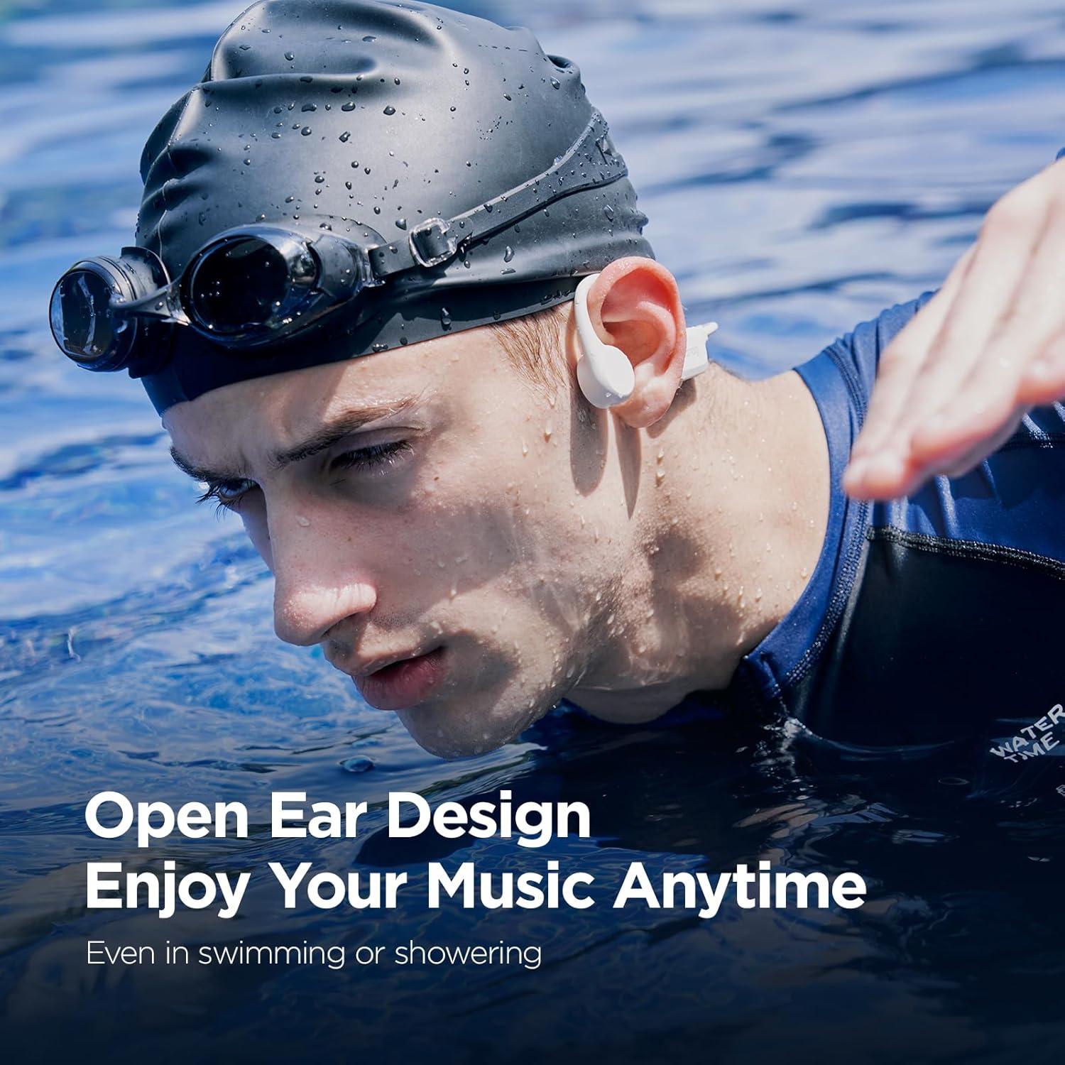 Sanag B60S Bone Conduction Sports Headphones, IPX8 Waterproof Swimming Bluetooth 5.3 Earphones, 64GB MP3 Player, Open Ear Wireless Headset with Mic & App, for Running, Cycling, Workout (Beige)