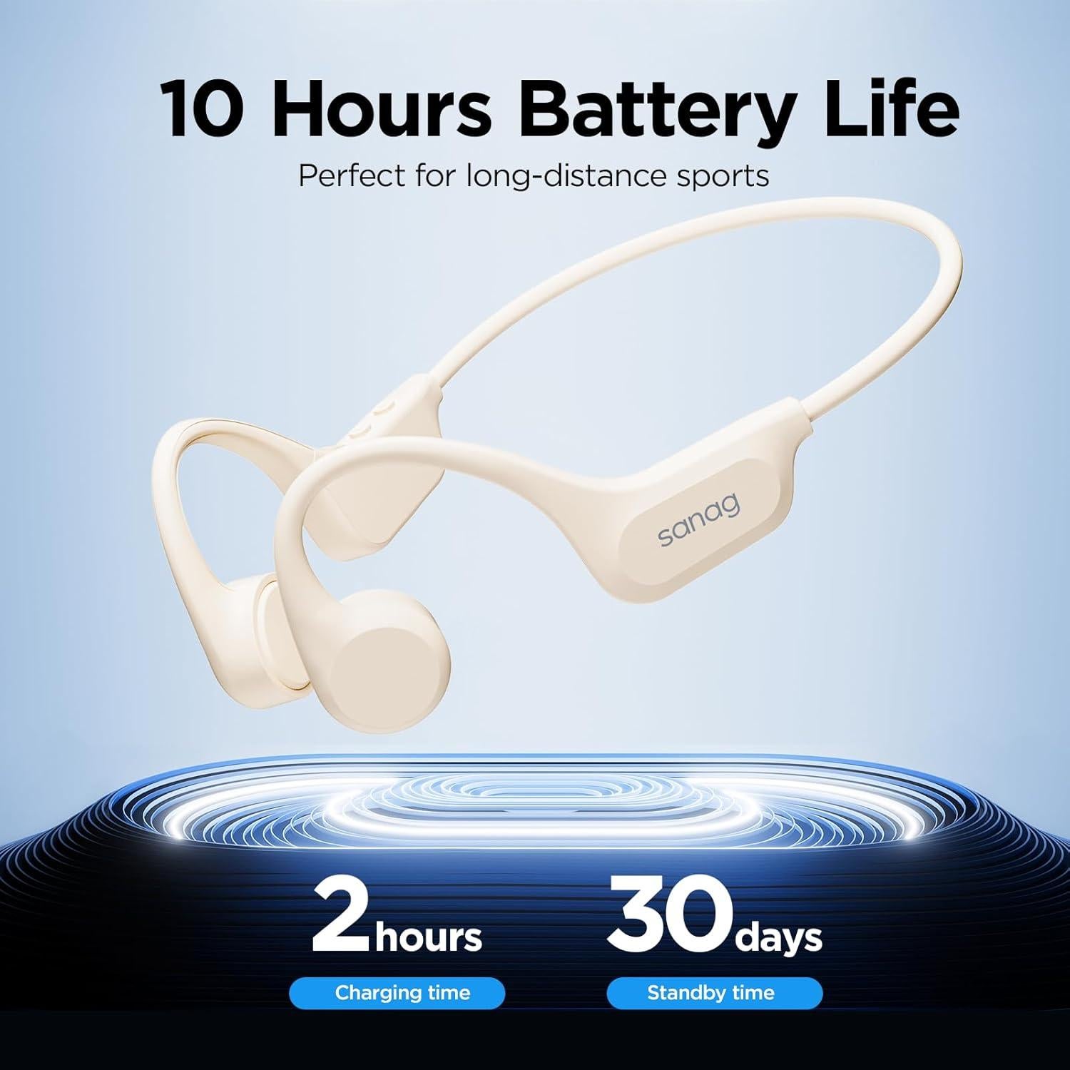 Sanag B60S Bone Conduction Sports Headphones, IPX8 Waterproof Swimming Bluetooth 5.3 Earphones, 64GB MP3 Player, Open Ear Wireless Headset with Mic & App, for Running, Cycling, Workout (Beige)