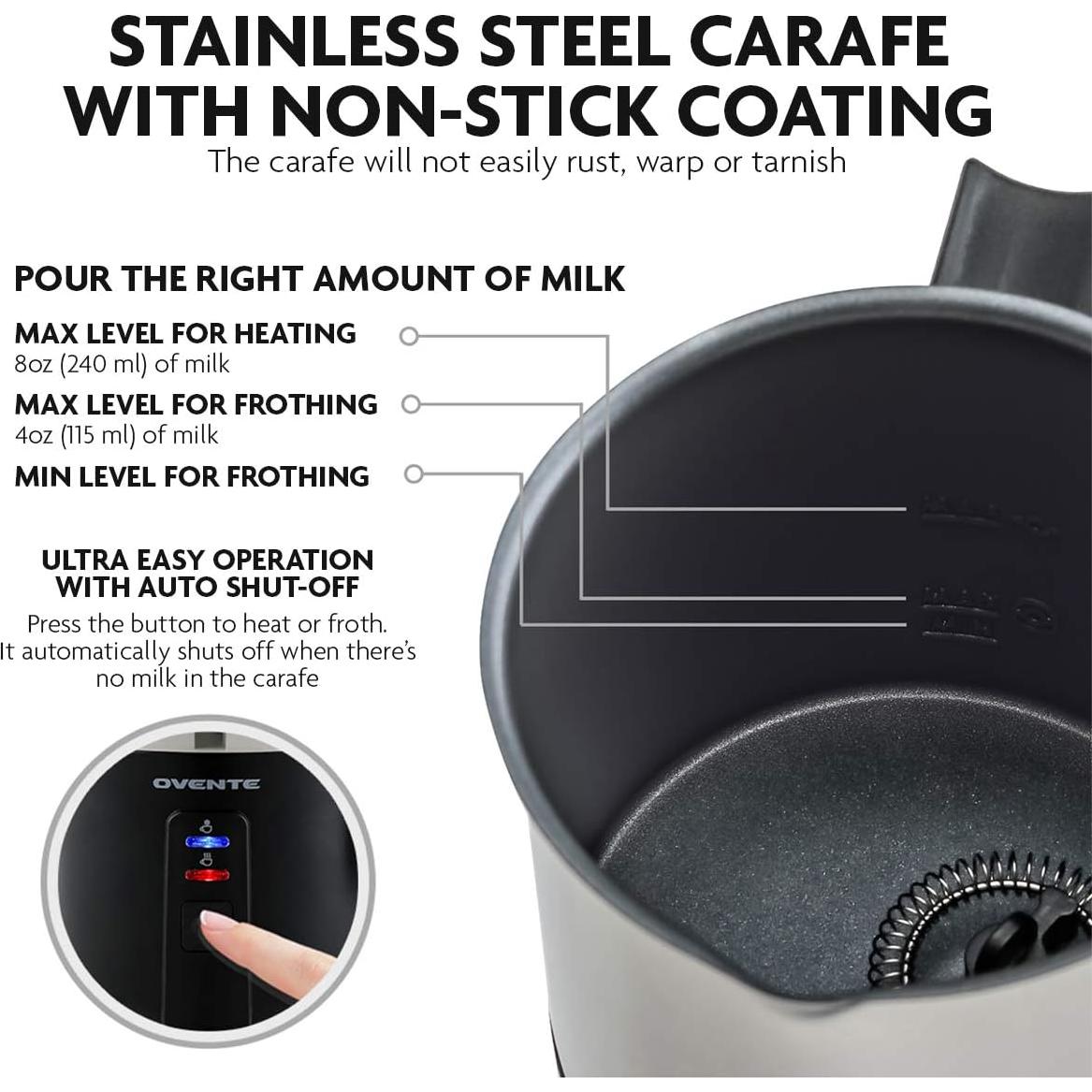 Espumador de Leche OVENTE FR1208, 500W, Acero Inoxidable, 240ml