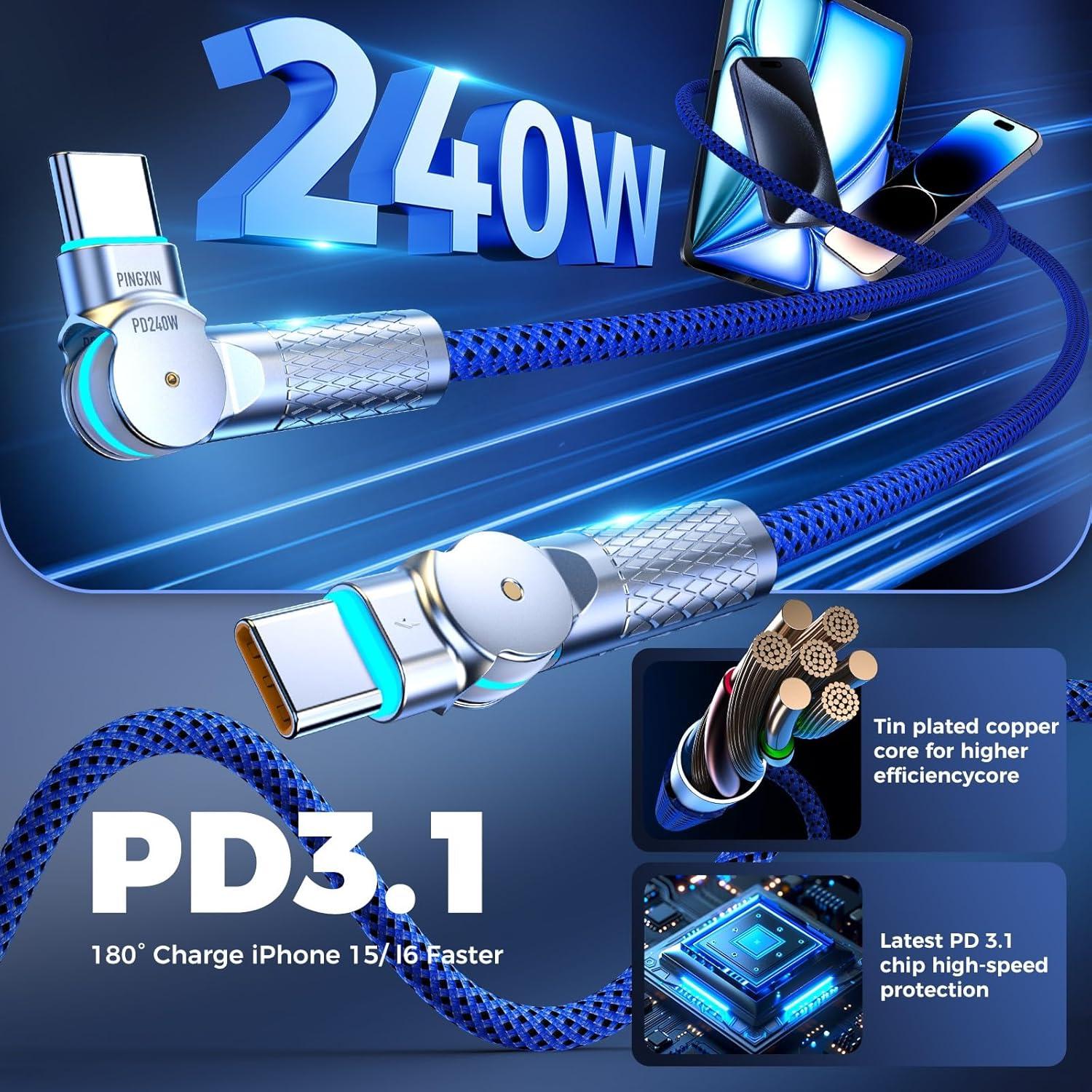 Cable USB C a USB C 2.0m 240W Pinxin - Paquete de 2 Azul