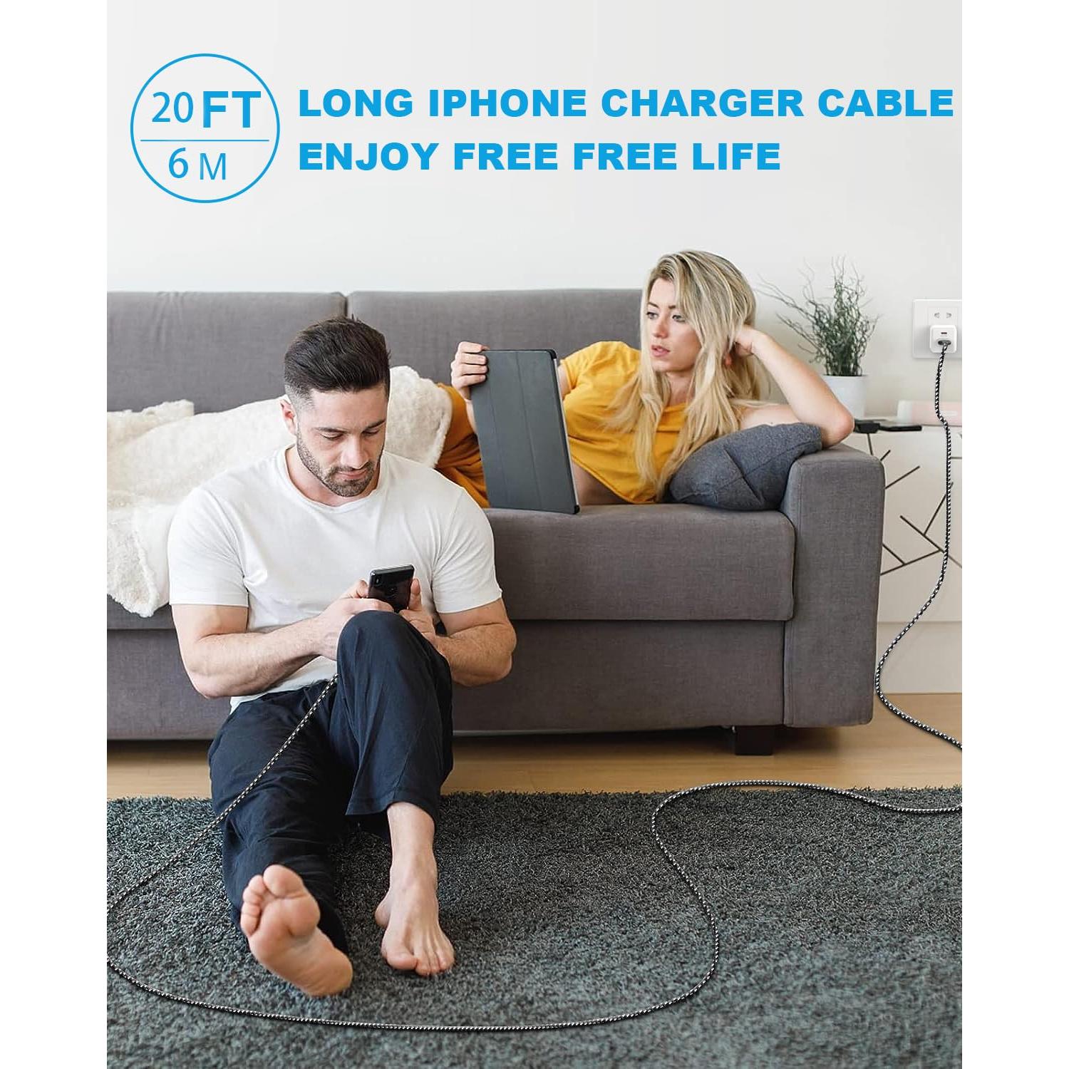 Cable de Carga Extra Largo 6m USB-C y Lightning 60W Negro