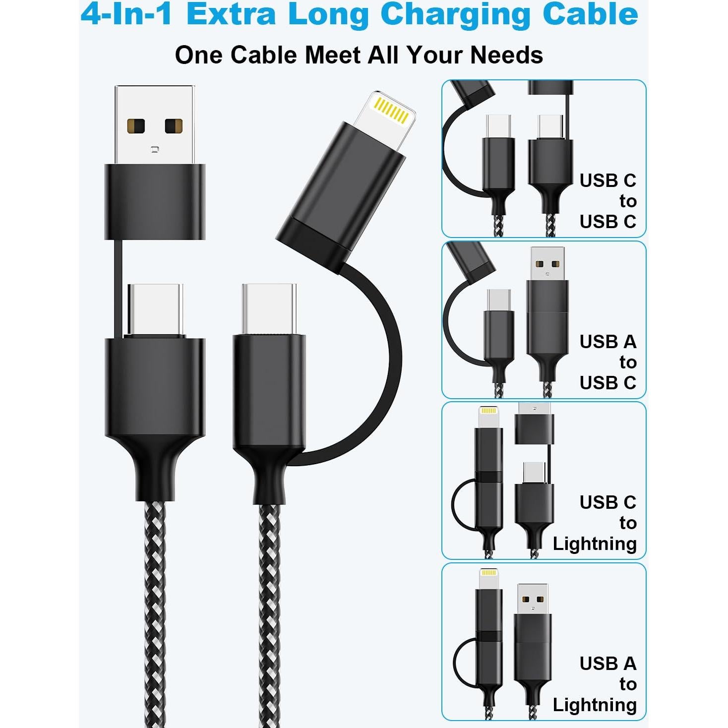 Cable de Carga Extra Largo 6m USB-C y Lightning 60W Negro