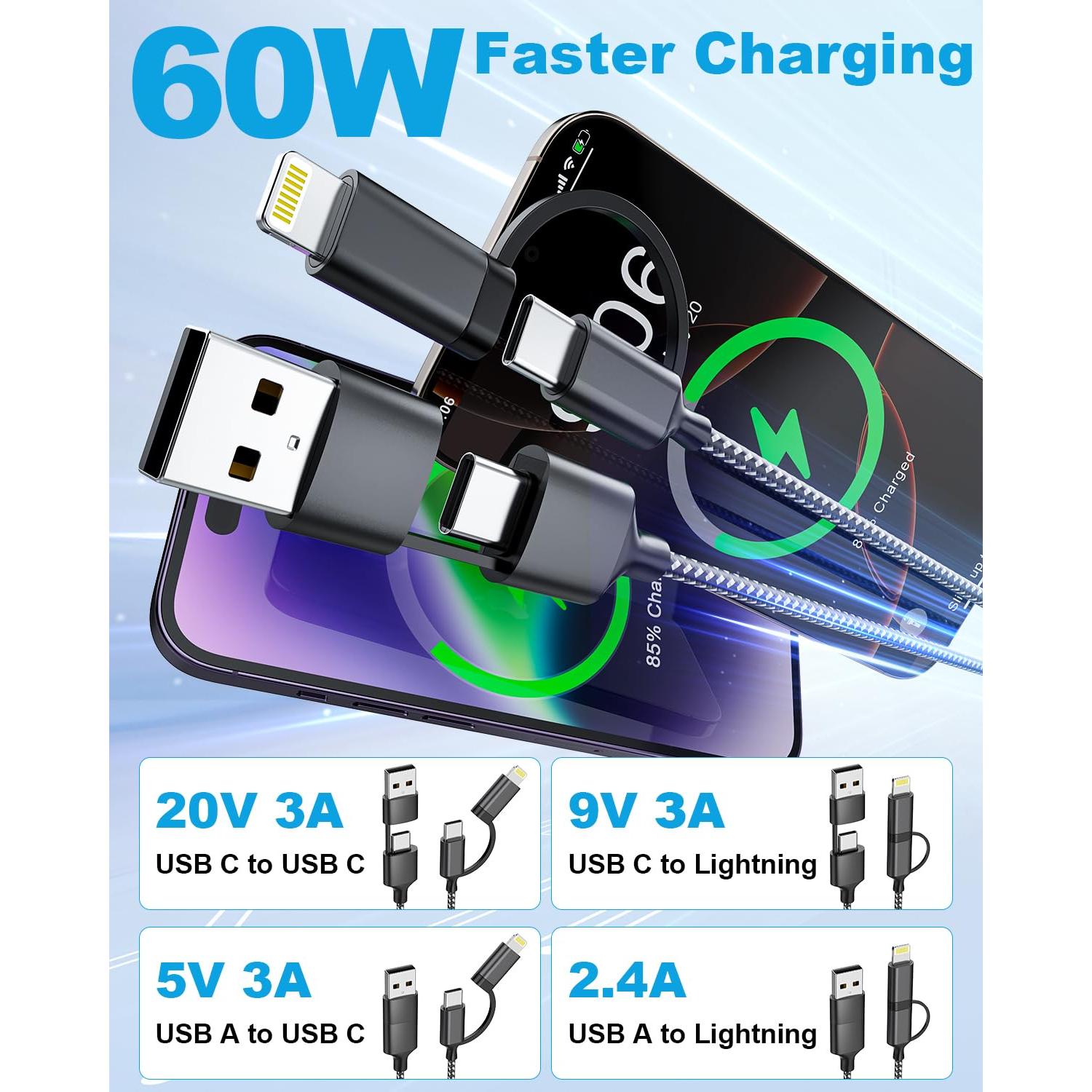 Cable de Carga Extra Largo 6m USB-C y Lightning 60W Negro