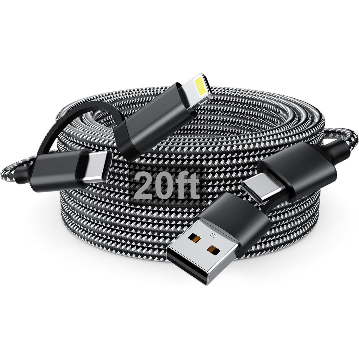 Cable de Carga Extra Largo 6m USB-C y Lightning 60W Negro