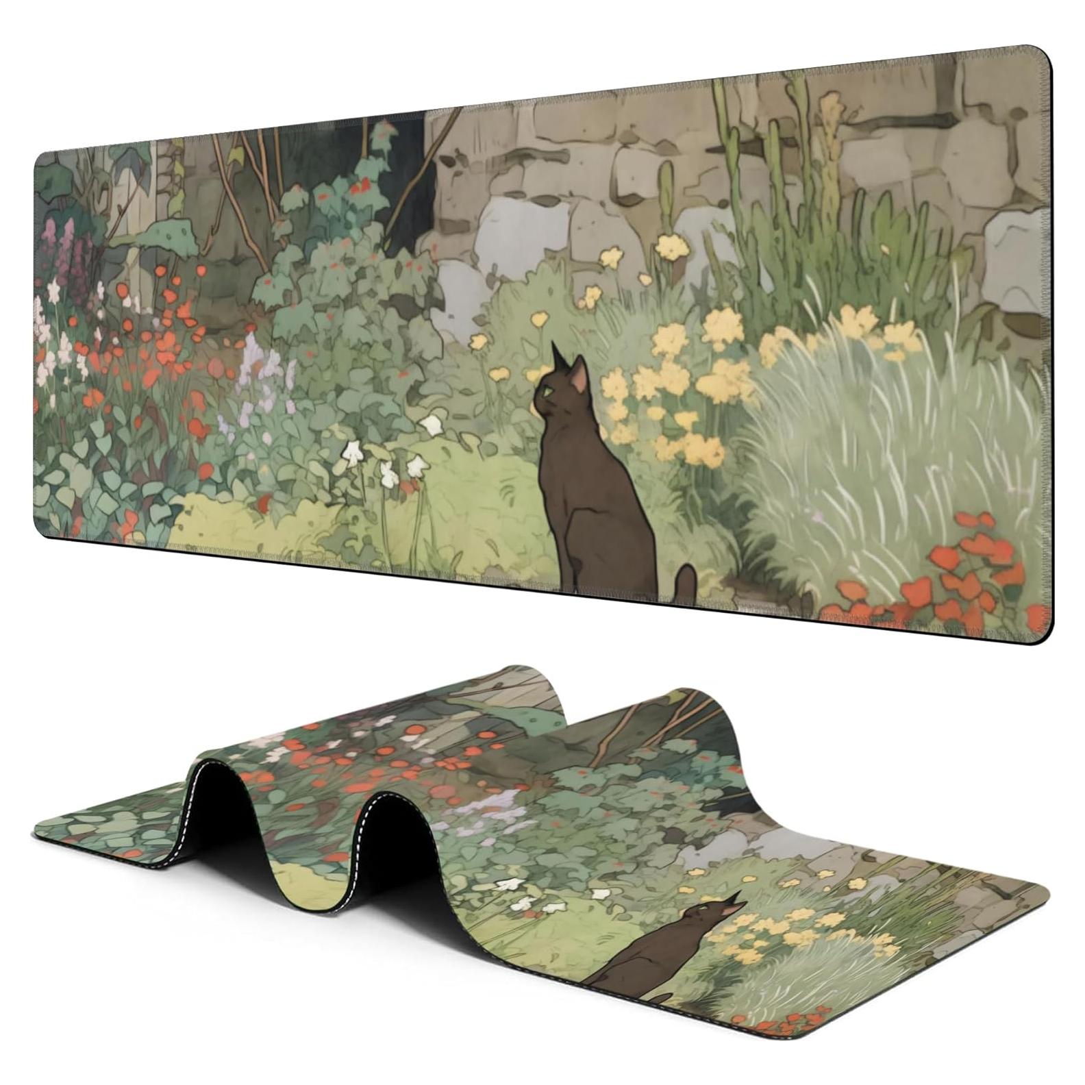 Alfombrilla de Ratón Grande Hanazaoa Gato Negro Flor 80x30cm