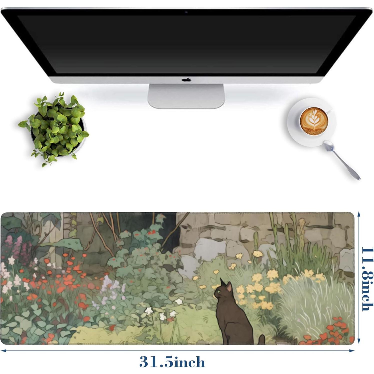 Alfombrilla de Ratón Grande Hanazaoa Gato Negro Flor 80x30cm