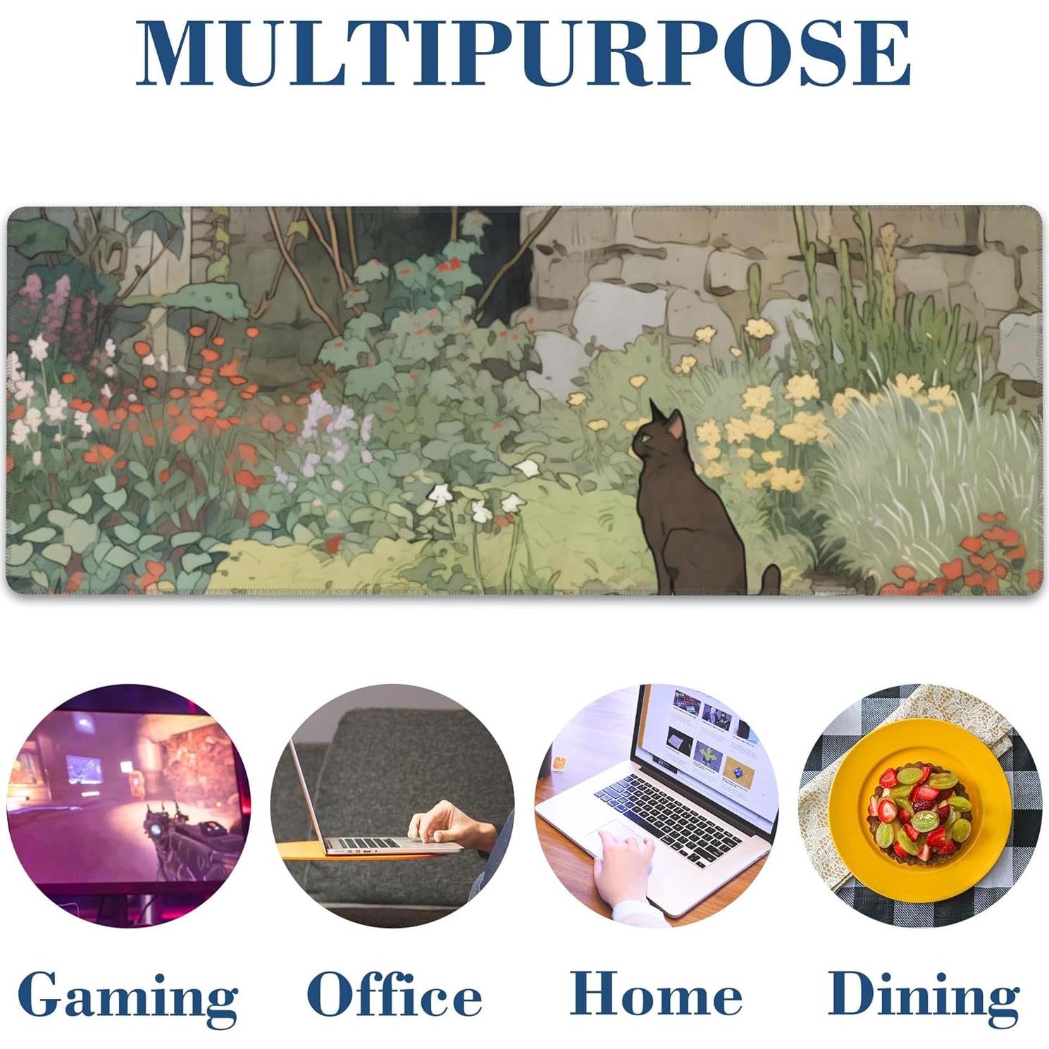 Alfombrilla de Ratón Grande Hanazaoa Gato Negro Flor 80x30cm