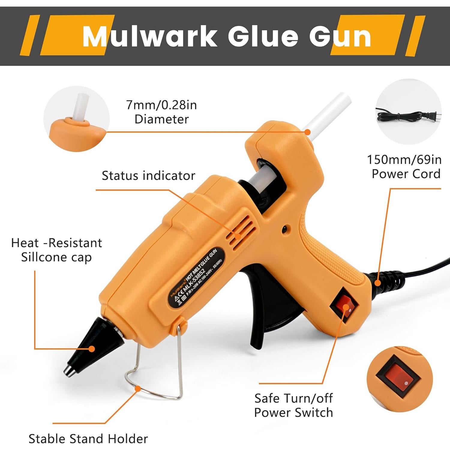 Pistola de Pegamento Caliente Mulwark 20W Mini con 30 Palitos