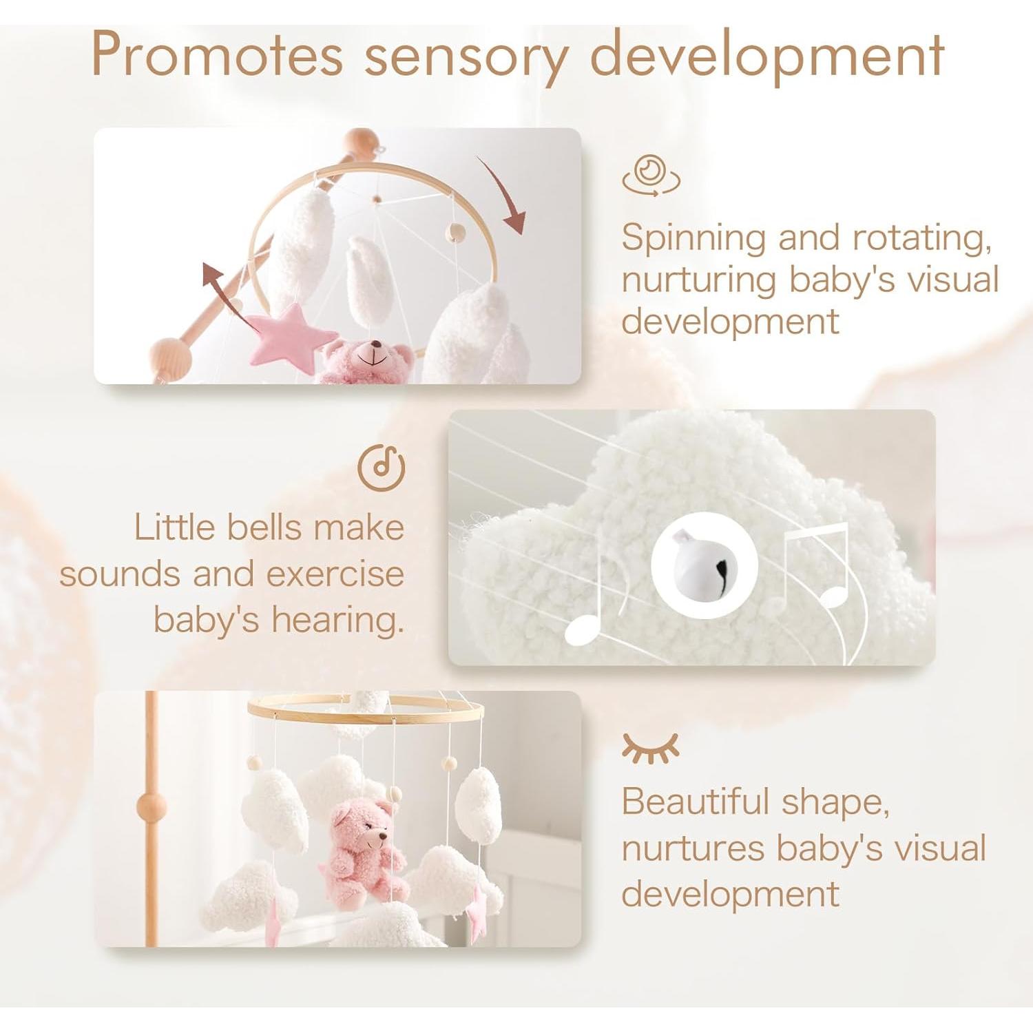 Móvil de Cuna EERKEOD Oso Rosa Terciopelo Hecho a Mano