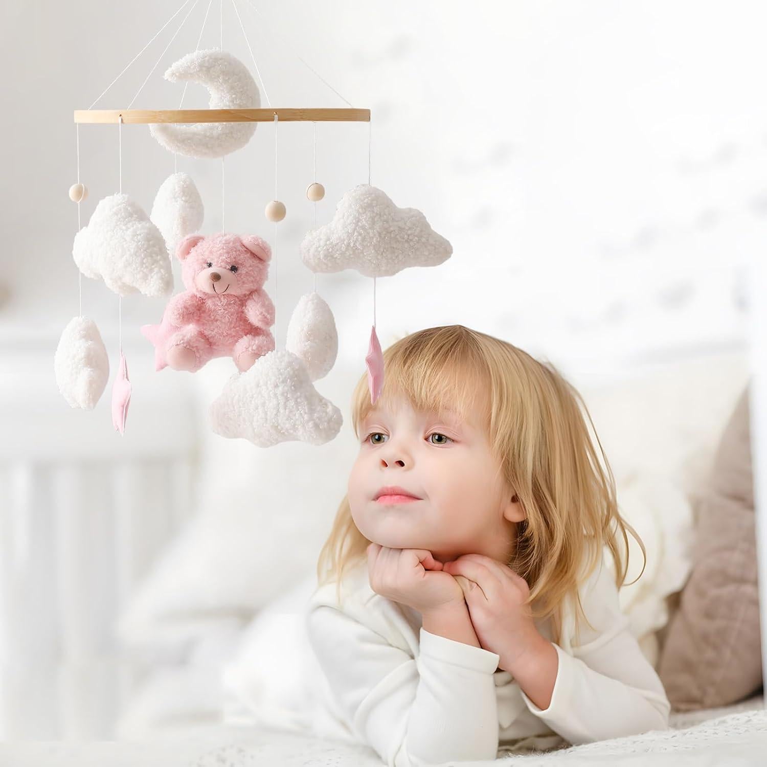 Móvil de Cuna EERKEOD Oso Rosa Terciopelo Hecho a Mano