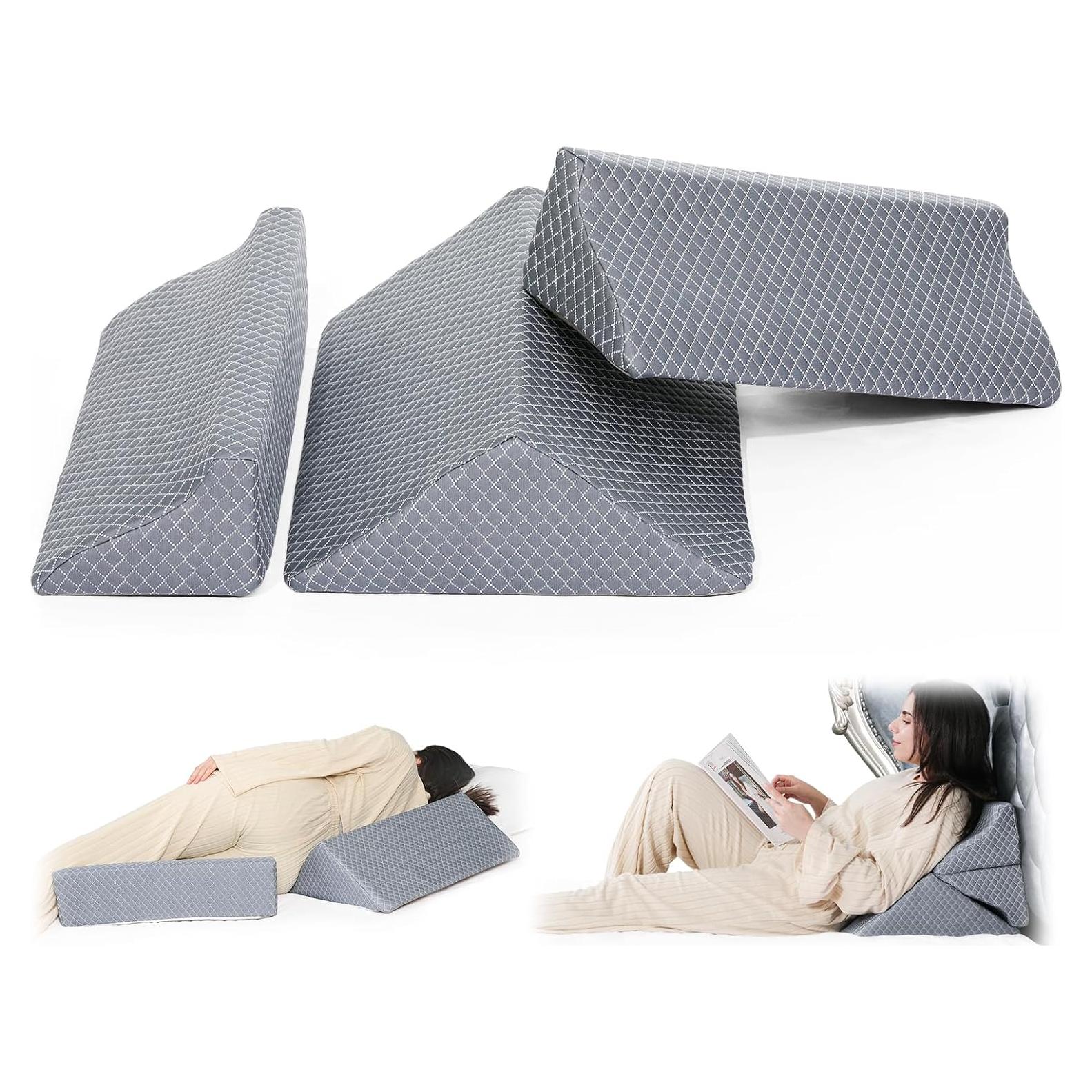 Foam Wedges for Positioning in Bed | 3in1 R-shaped Wedge Pillow |for Seniors,Adult,Long Term Bedridden Patient,Back Pain Relief,Reduce Snoring,Post Surgery Recovery,Cover Removable,Blue-grey