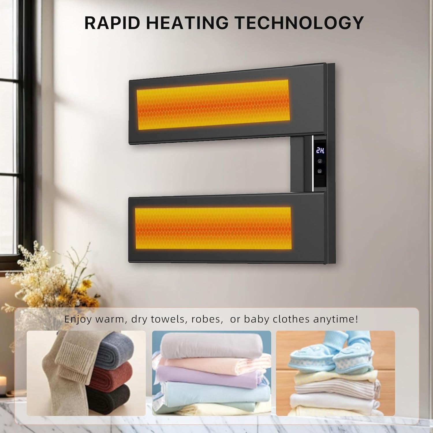 Soporte de Toallas Calentado Eléctrico EIKANIOS 2Bar Negro