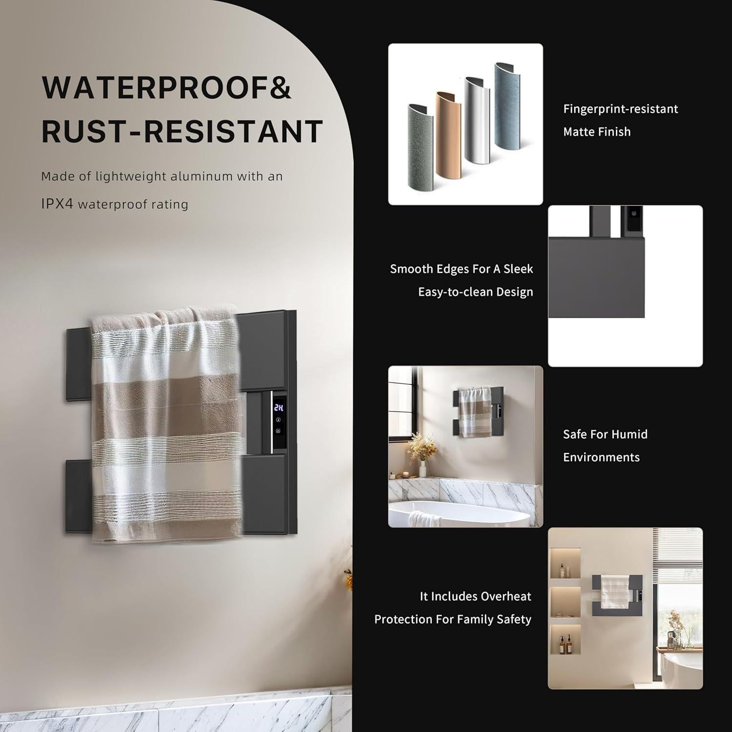 Soporte de Toallas Calentado Eléctrico EIKANIOS 2Bar Negro