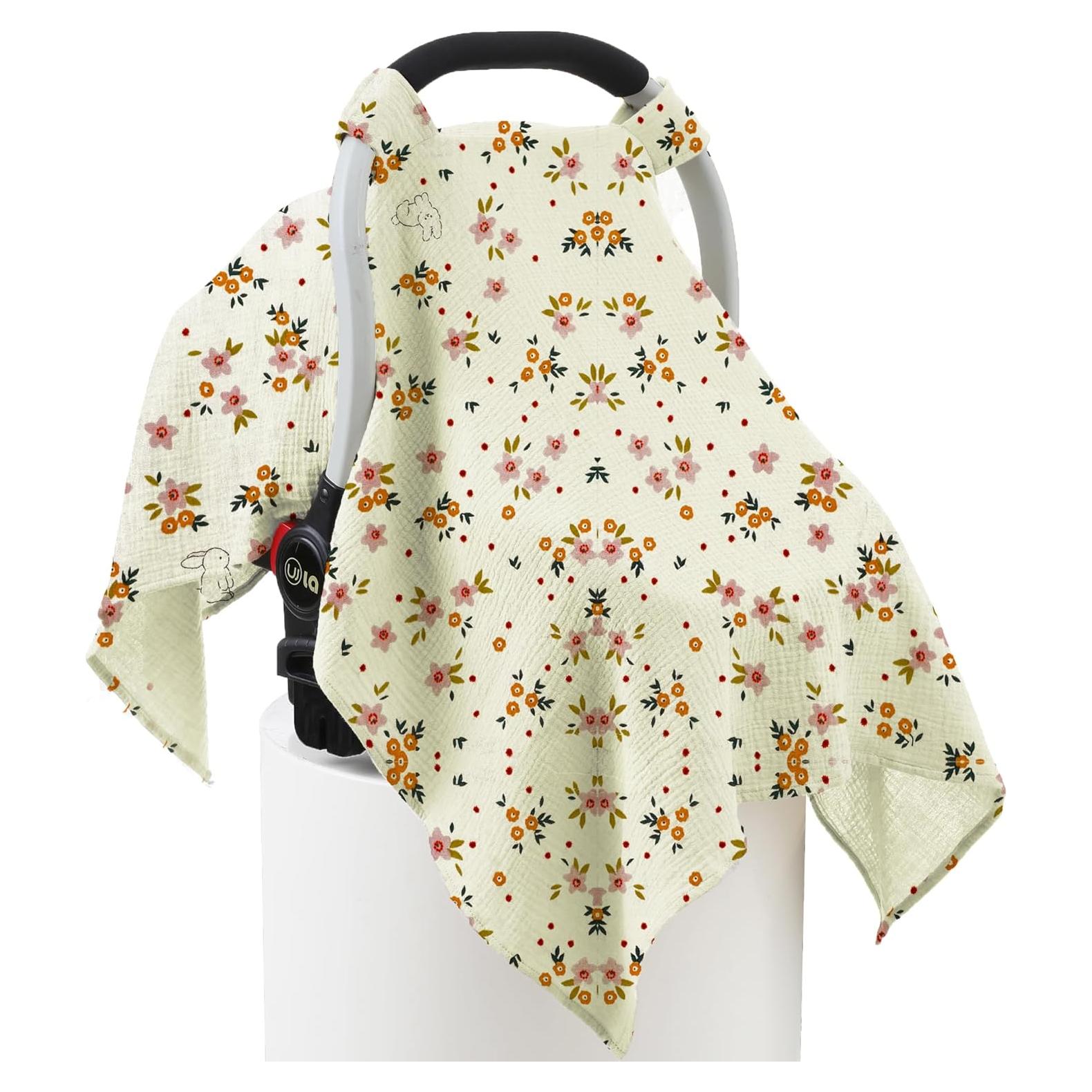 Funda de Asiento de Coche Seejoy 100% Algodón Muselina Floral Beige