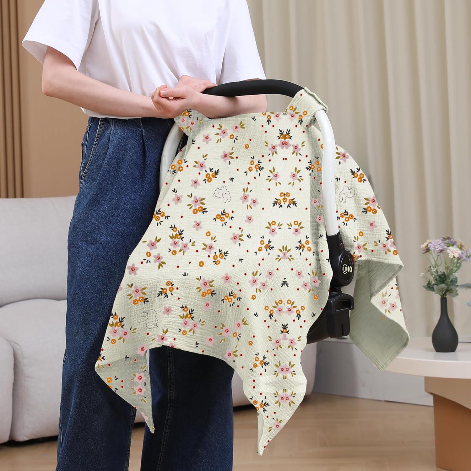 Funda de Asiento de Coche Seejoy 100% Algodón Muselina Floral Beige