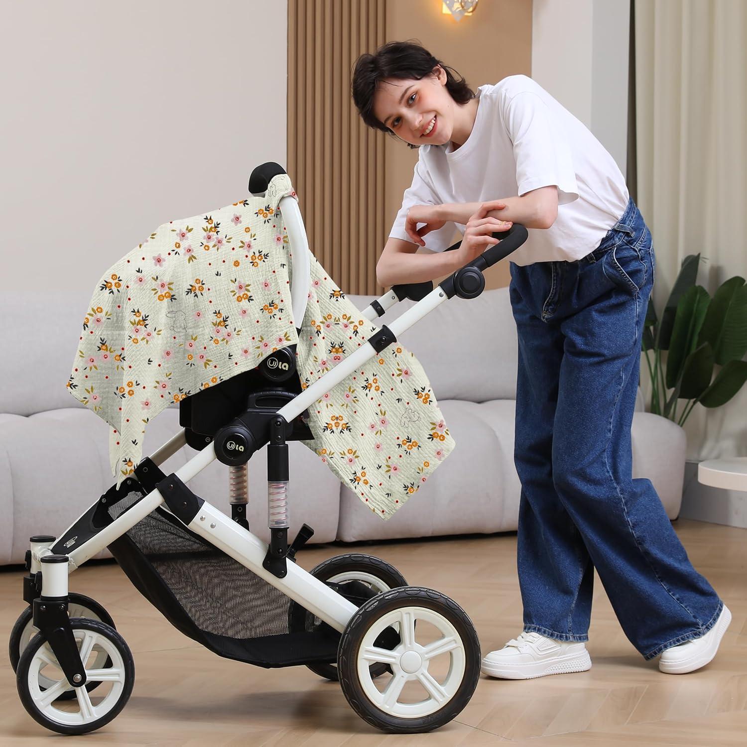 Funda de Asiento de Coche Seejoy 100% Algodón Muselina Floral Beige