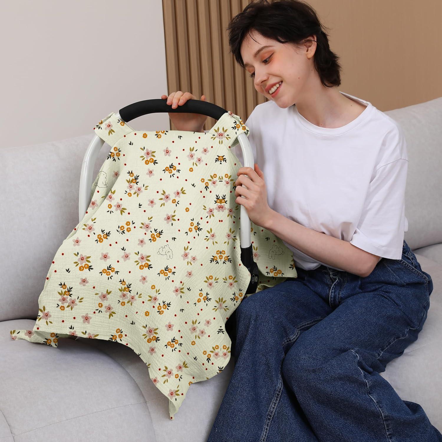 Funda de Asiento de Coche Seejoy 100% Algodón Muselina Floral Beige