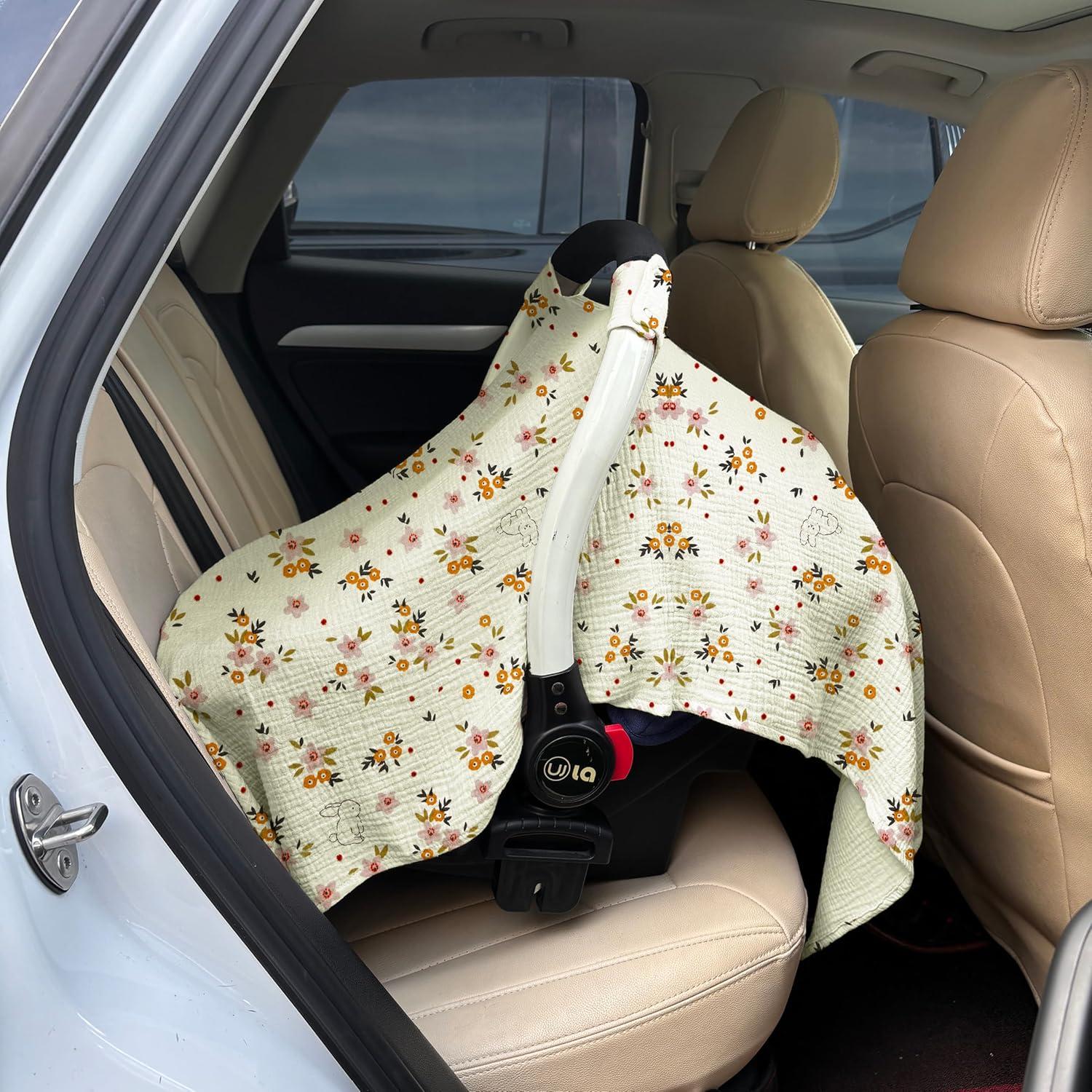 Funda de Asiento de Coche Seejoy 100% Algodón Muselina Floral Beige