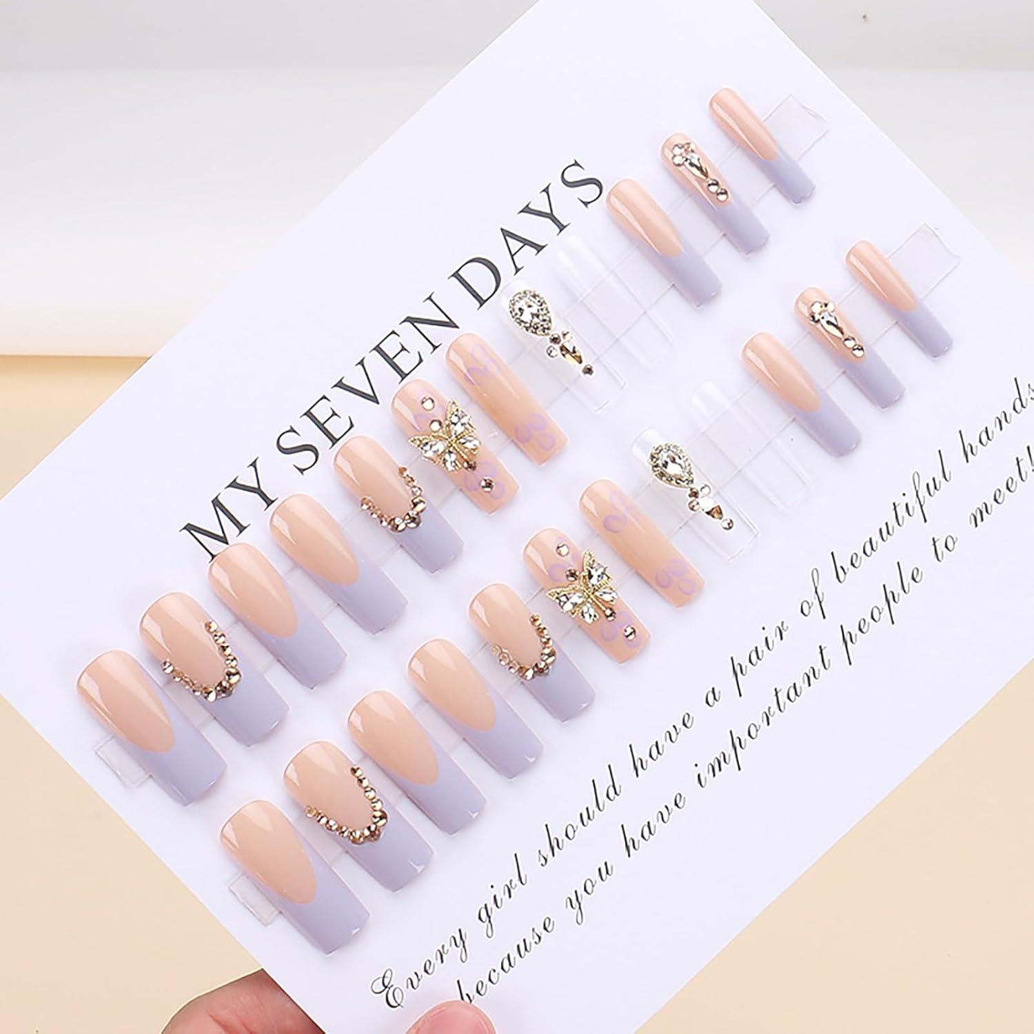 Uñas Postizas Francesas Largas RUOKEXIN con Piedras 3D - 24 Piezas