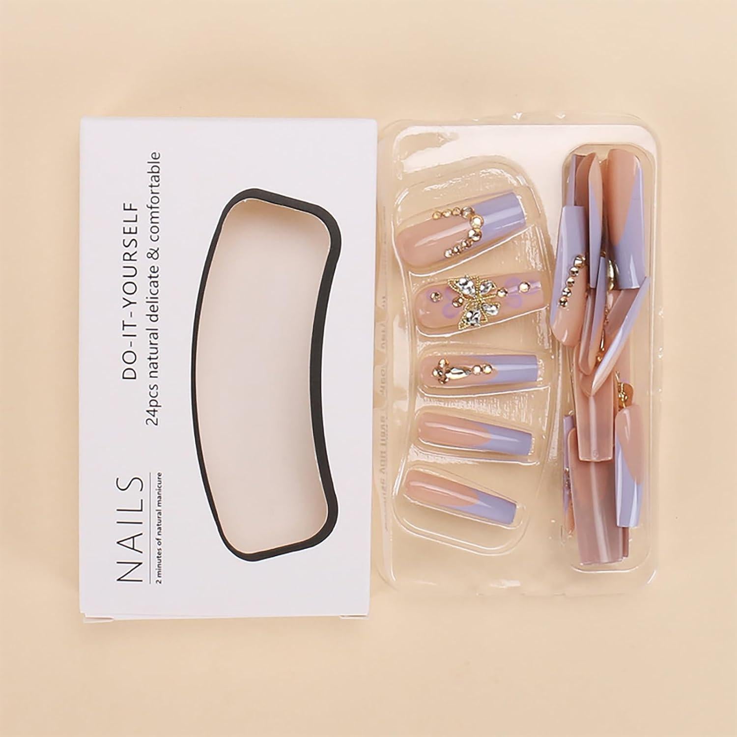 Uñas Postizas Francesas Largas RUOKEXIN con Piedras 3D - 24 Piezas