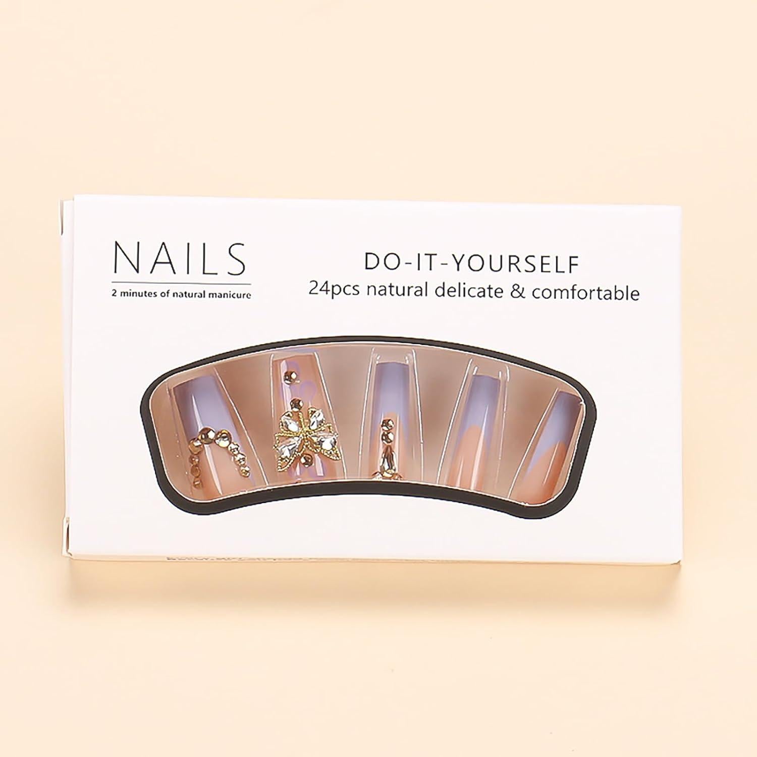 Uñas Postizas Francesas Largas RUOKEXIN con Piedras 3D - 24 Piezas