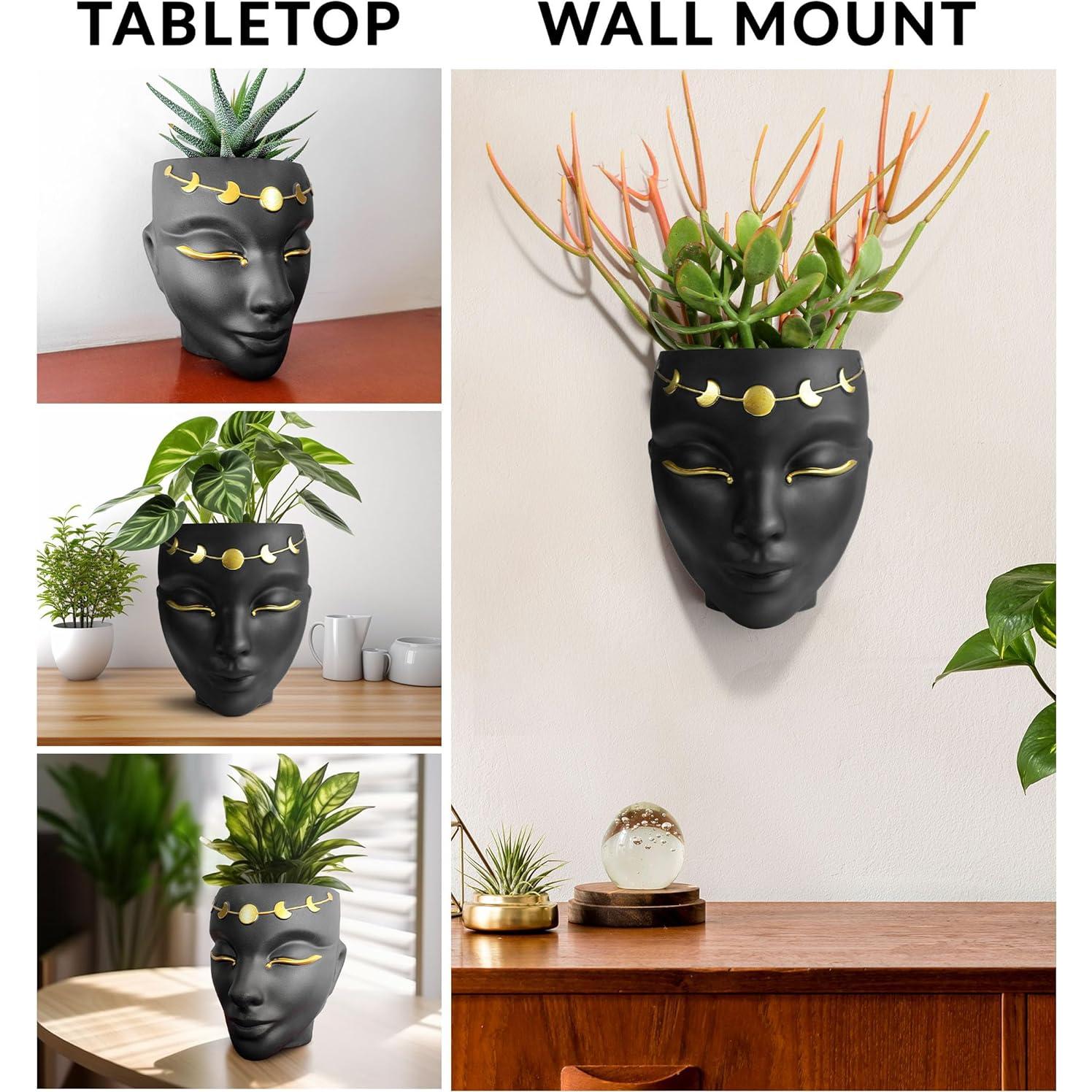 Maceta Cabeza Bossa Linda 18 cm Negra para Flores y Suculentas