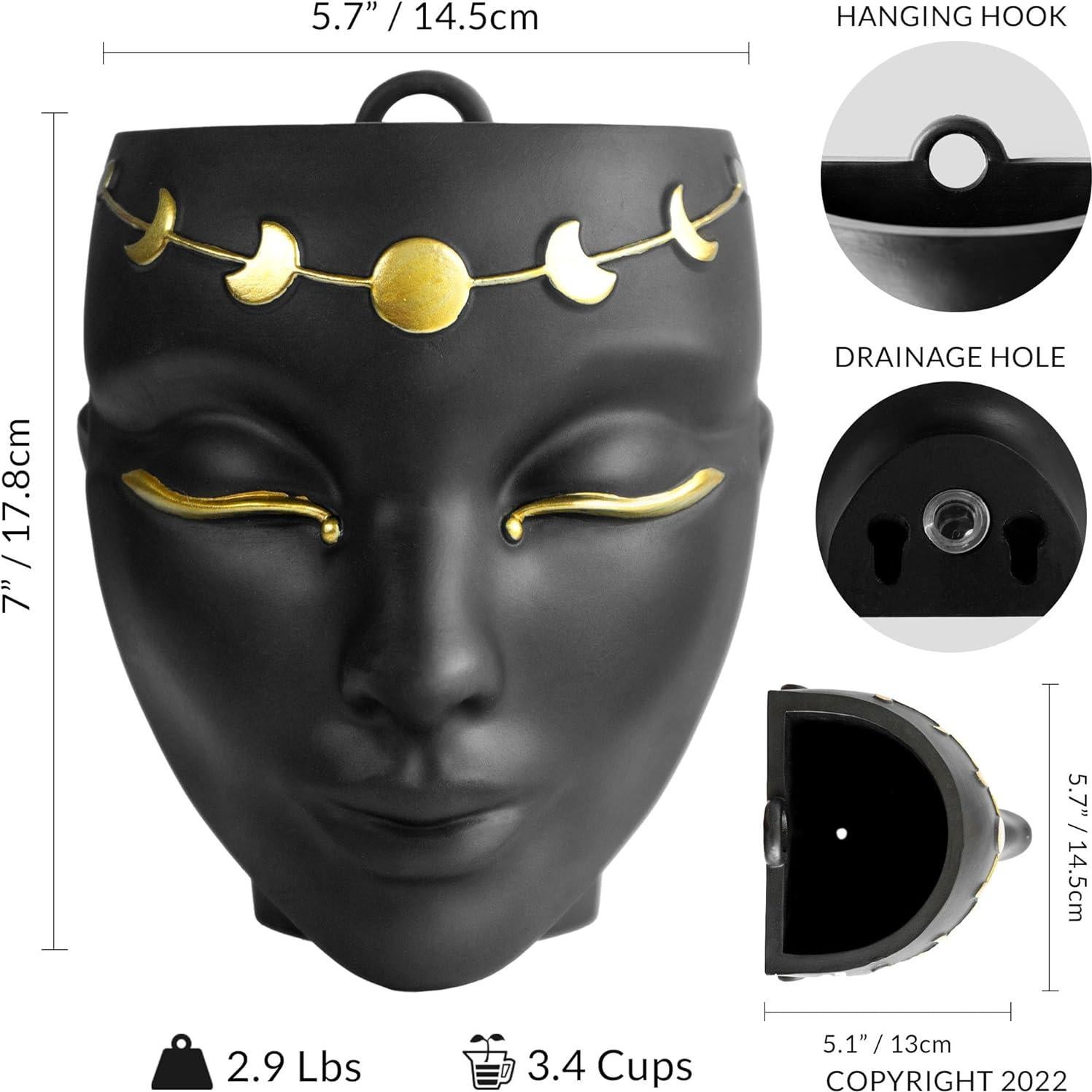 Maceta Cabeza Bossa Linda 18 cm Negra para Flores y Suculentas