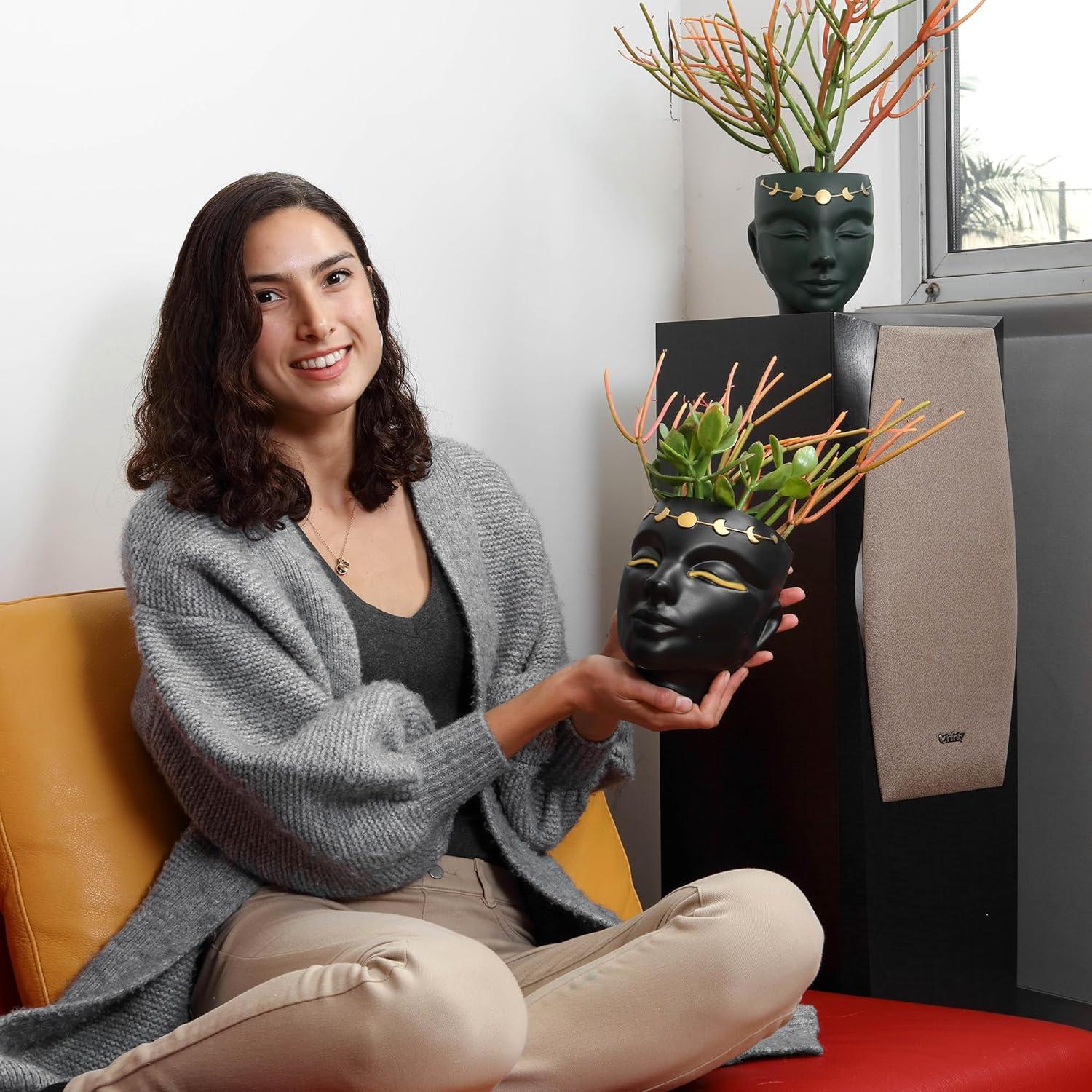 Maceta Cabeza Bossa Linda 18 cm Negra para Flores y Suculentas