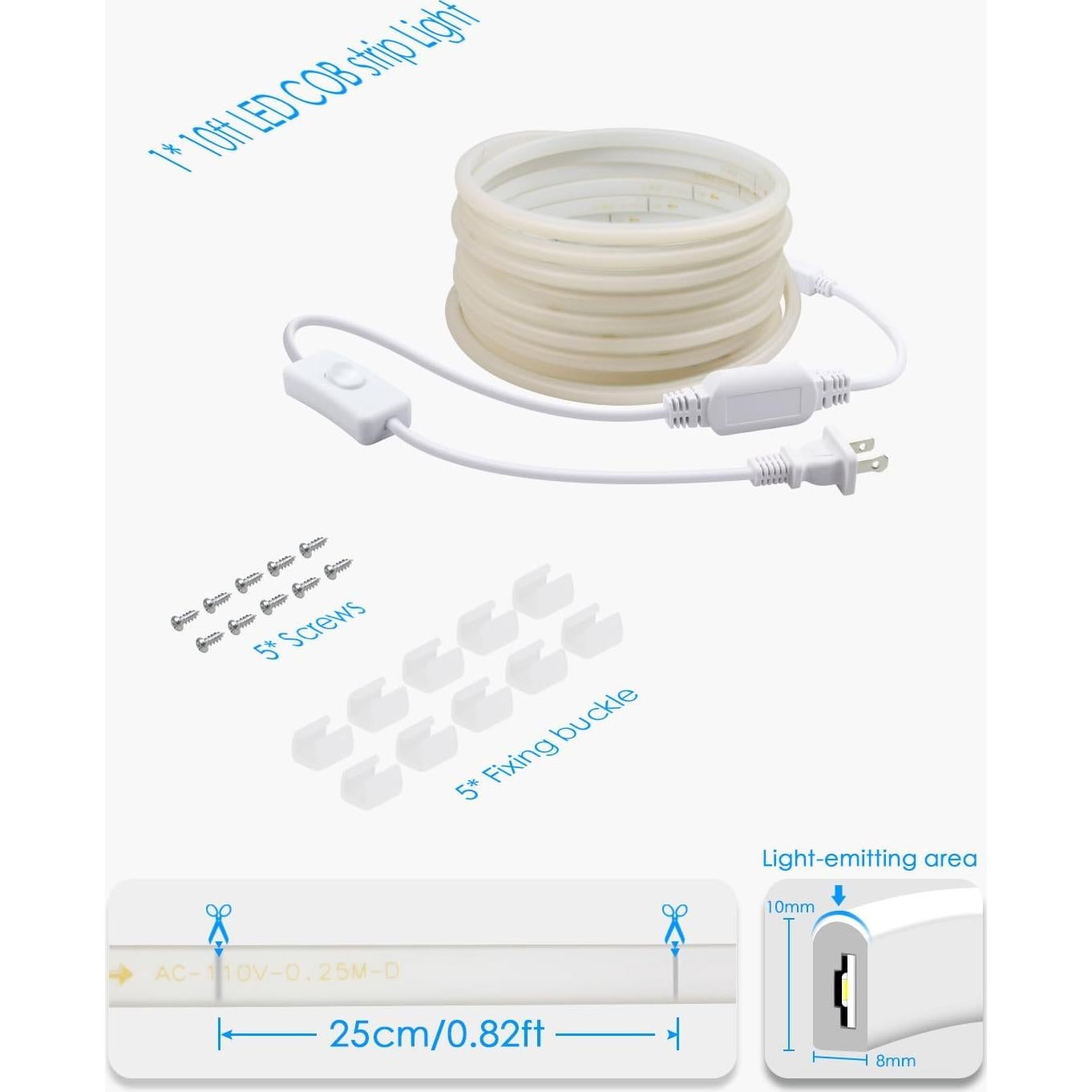 Tira de Luz LED COB 3M 6000K Blanca Diurna con Interruptor