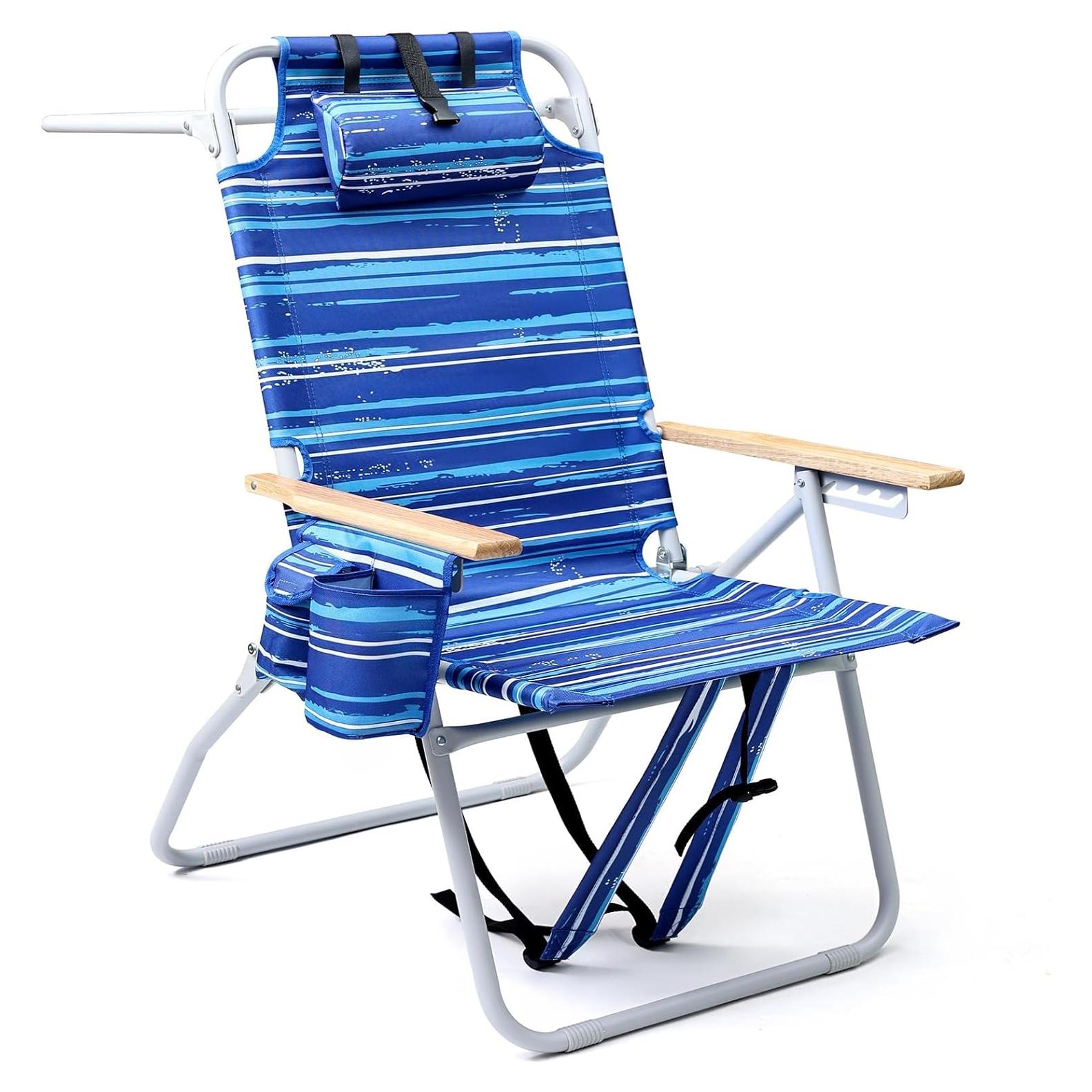 Silla de Playa Alta Yestomo con Reposabrazos de Madera - Rayas Azules