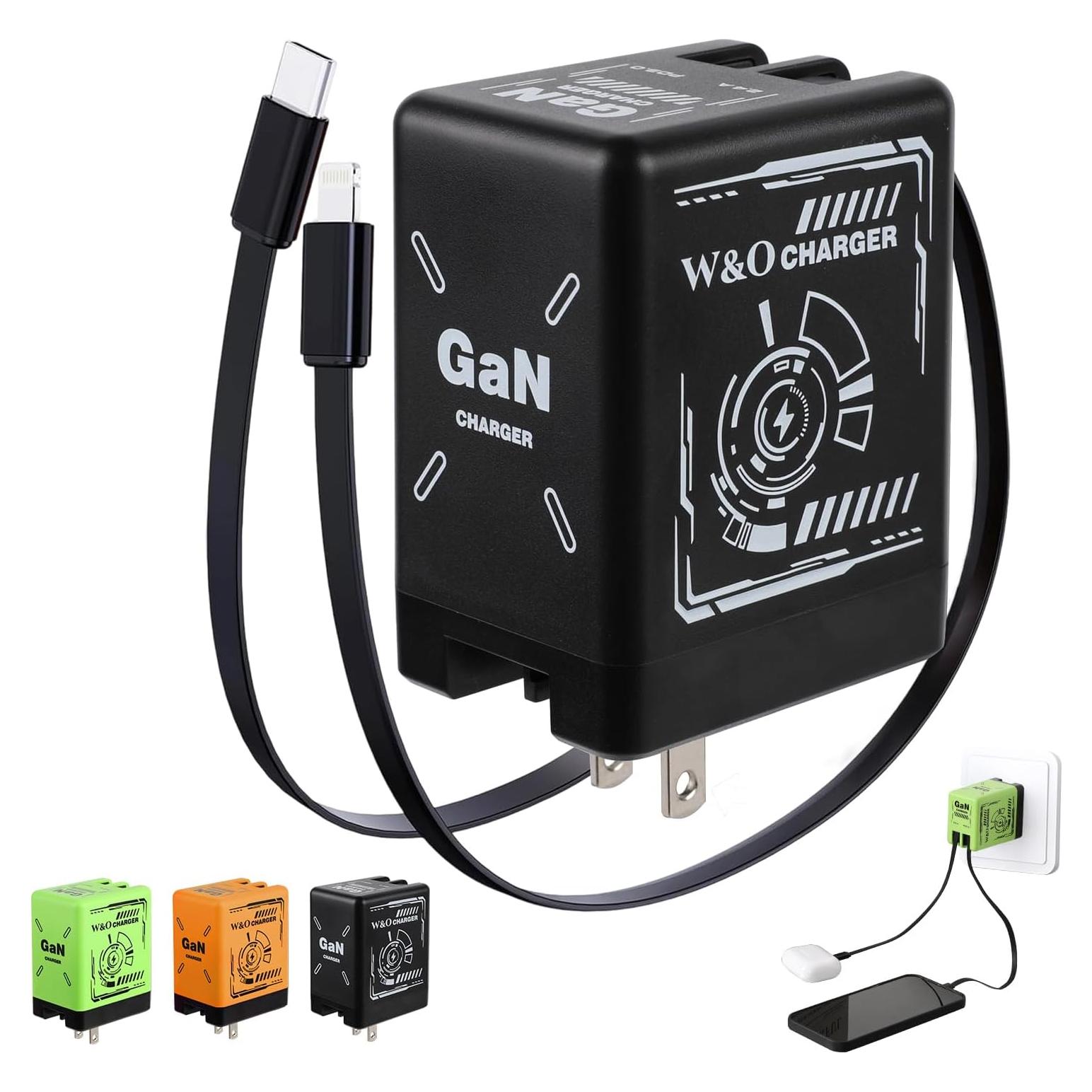 Cargador W&O GaN 2-en-1 Carga Rápida con Cables Tipo-C y Lightning