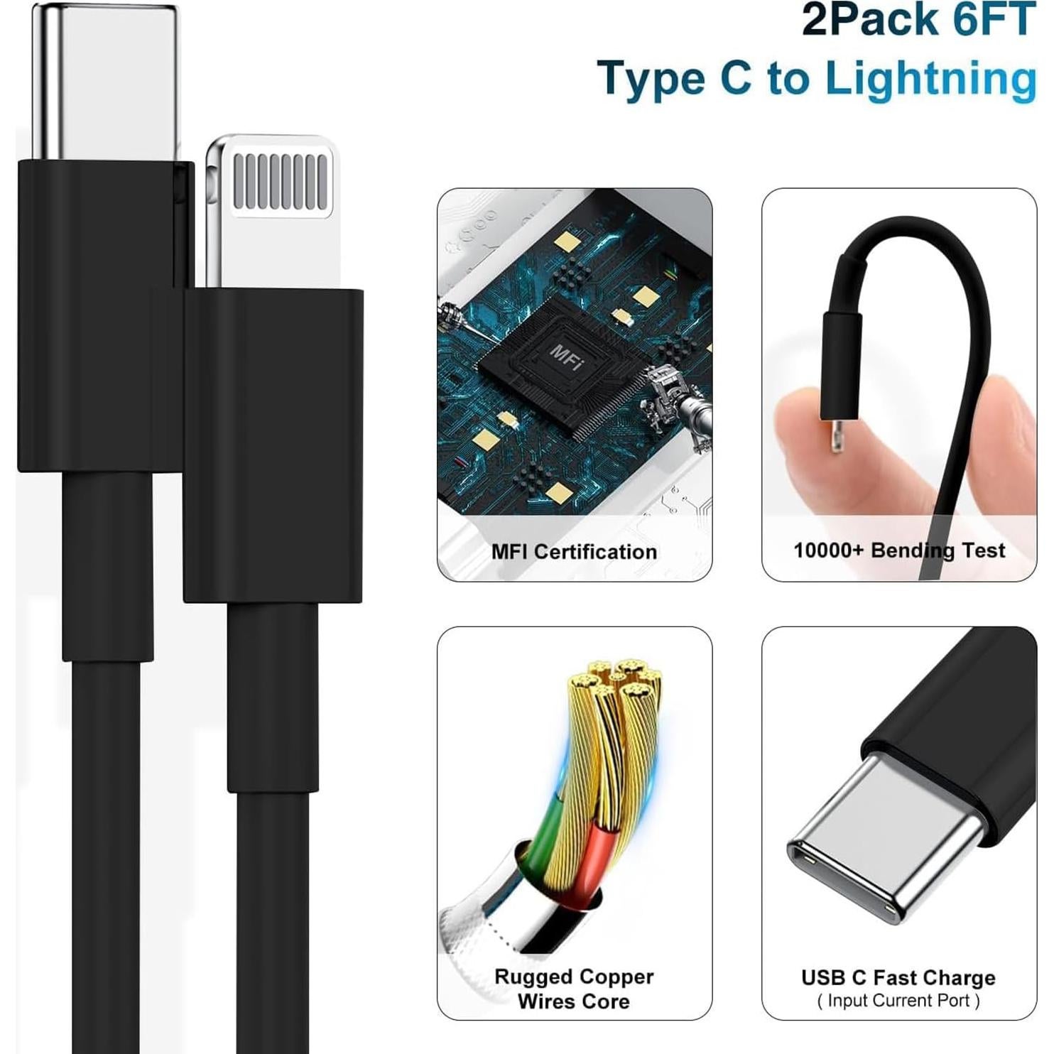 Cargador Rápido 20W deloni + Cable USB-C a Lightning 6 pies - Negro
