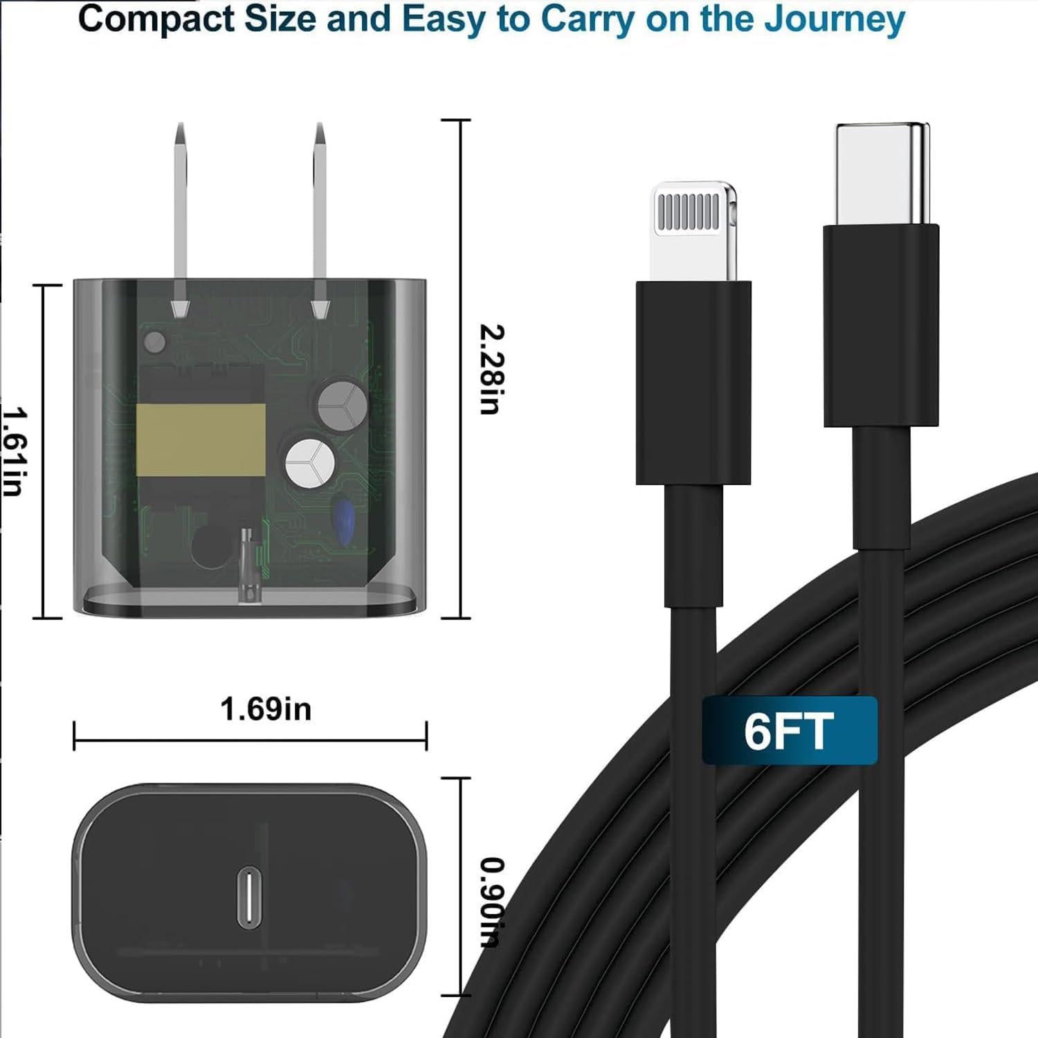 Cargador Rápido 20W deloni + Cable USB-C a Lightning 6 pies - Negro