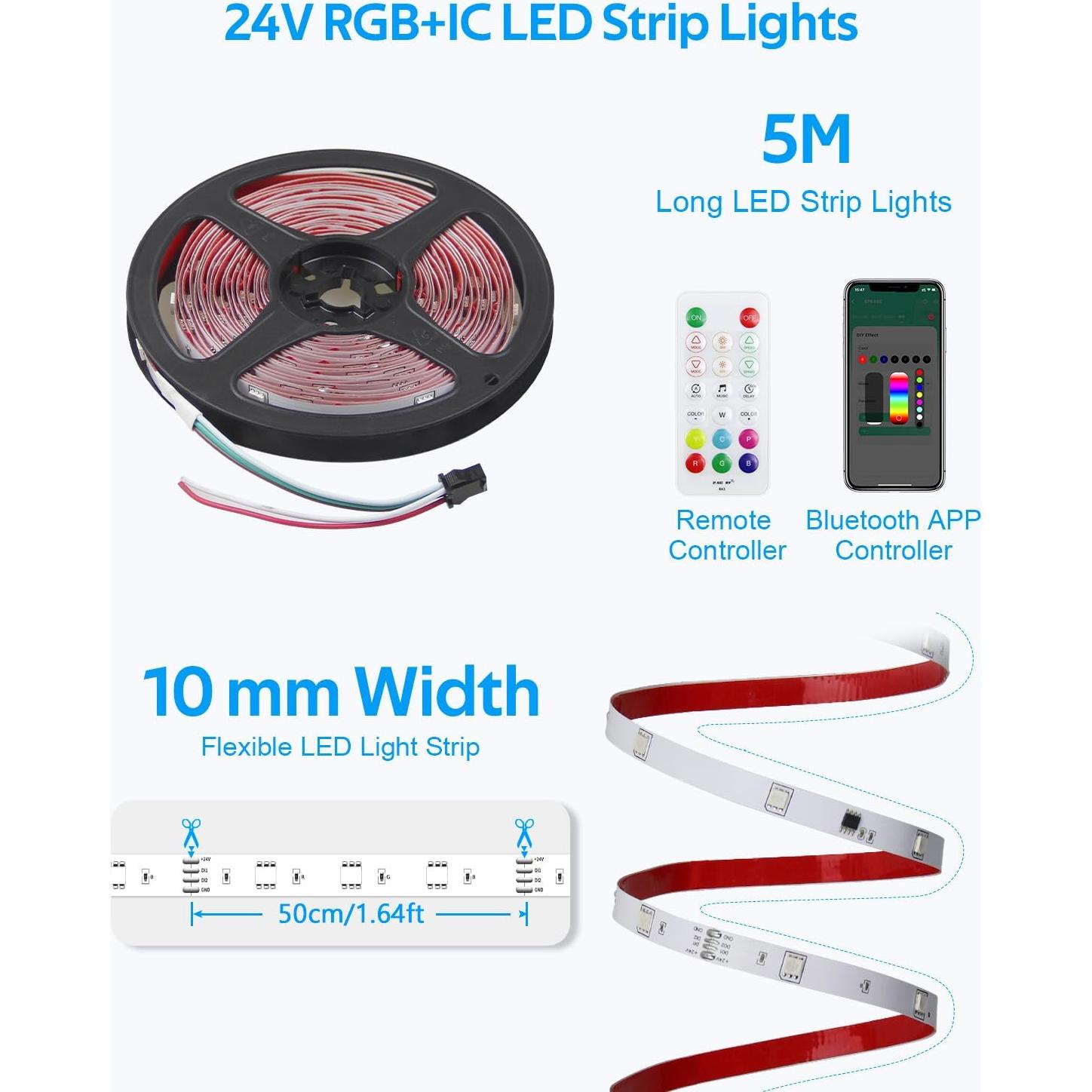 Tira LED RGB IC 5M Aclorol con Control APP y Sincronización de Música