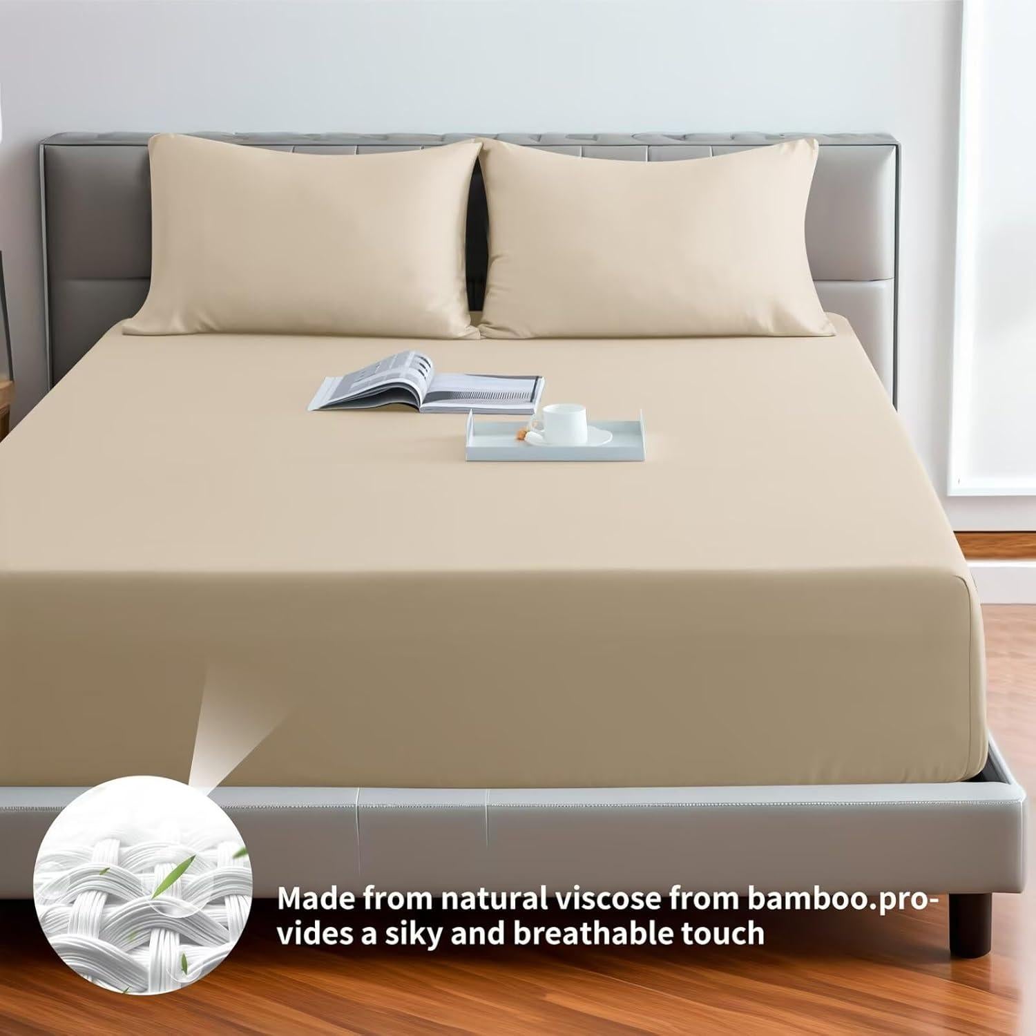 Sábana Ajustable Individual Shunjie.Home 400 Hilos Viscosa Beige