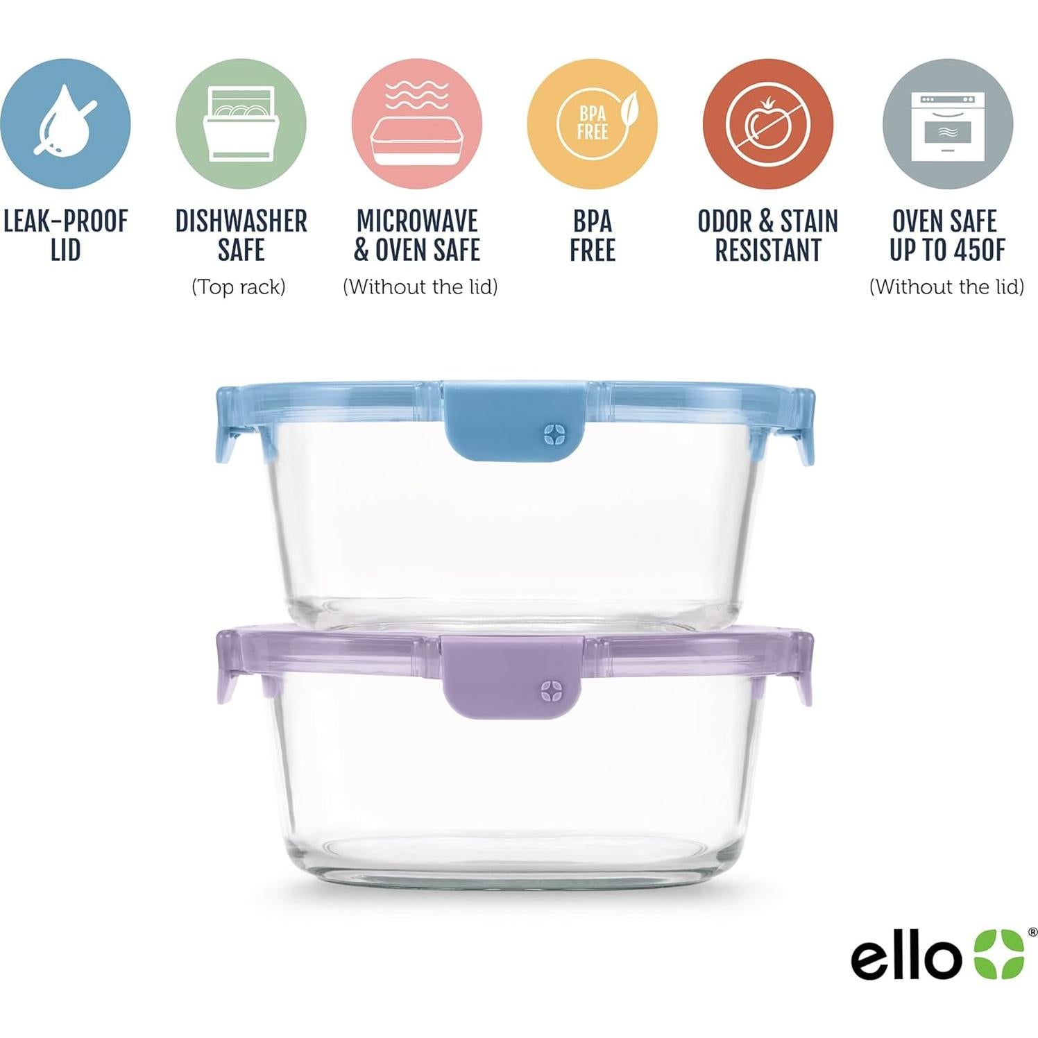 Contenedores de Vidrio Ello Color Lock 7 Tazas 4 Piezas