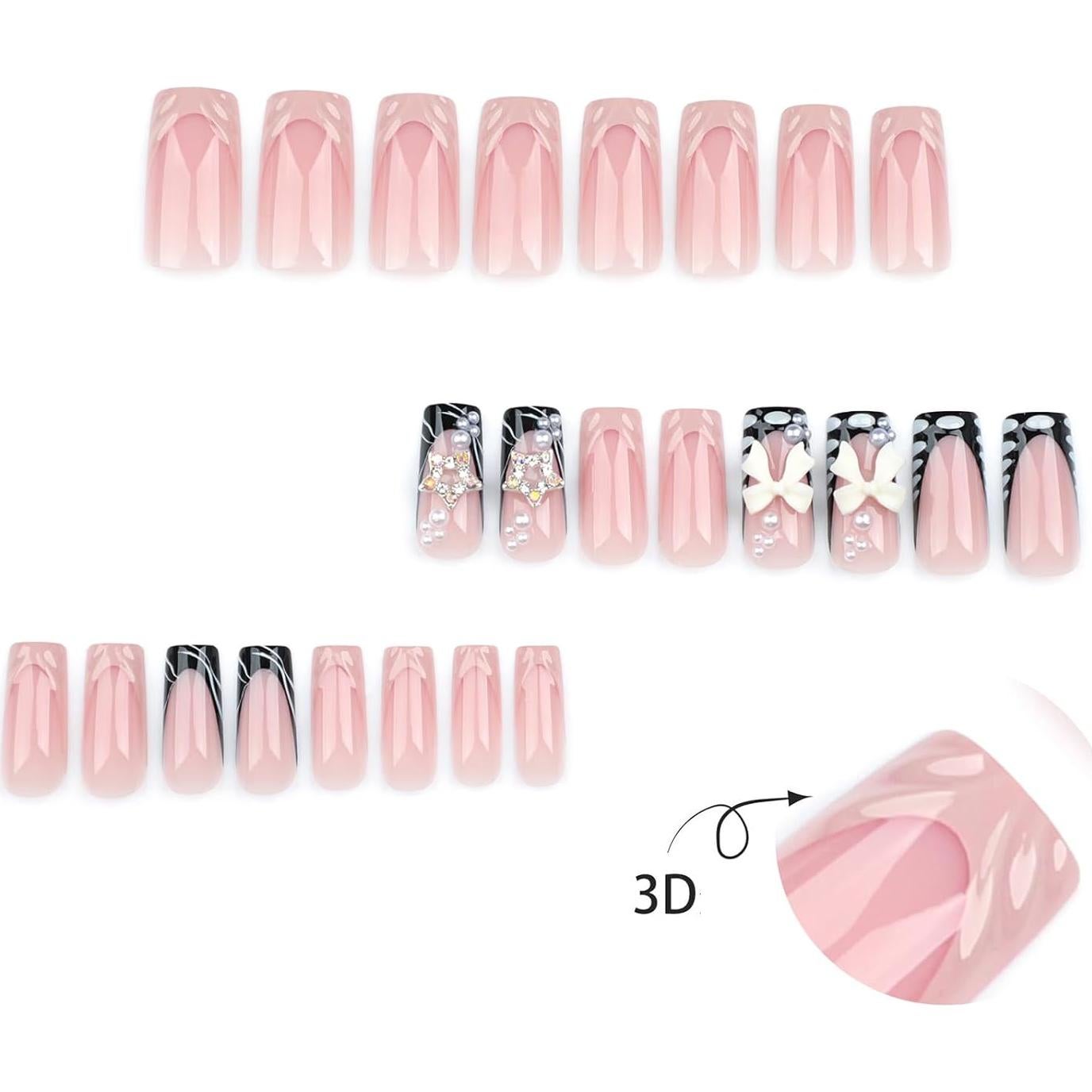 Uñas Postizas Acrílicas 3D UEYRSEDB 24Pcs Punta Francesa