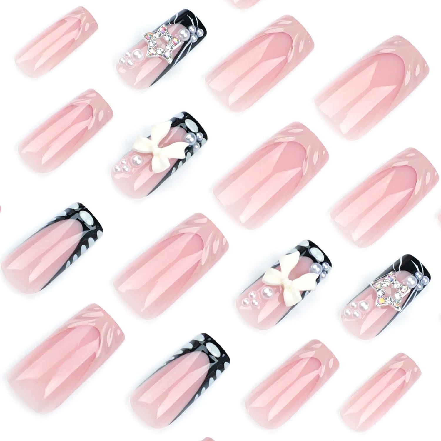 Uñas Postizas Acrílicas 3D UEYRSEDB 24Pcs Punta Francesa