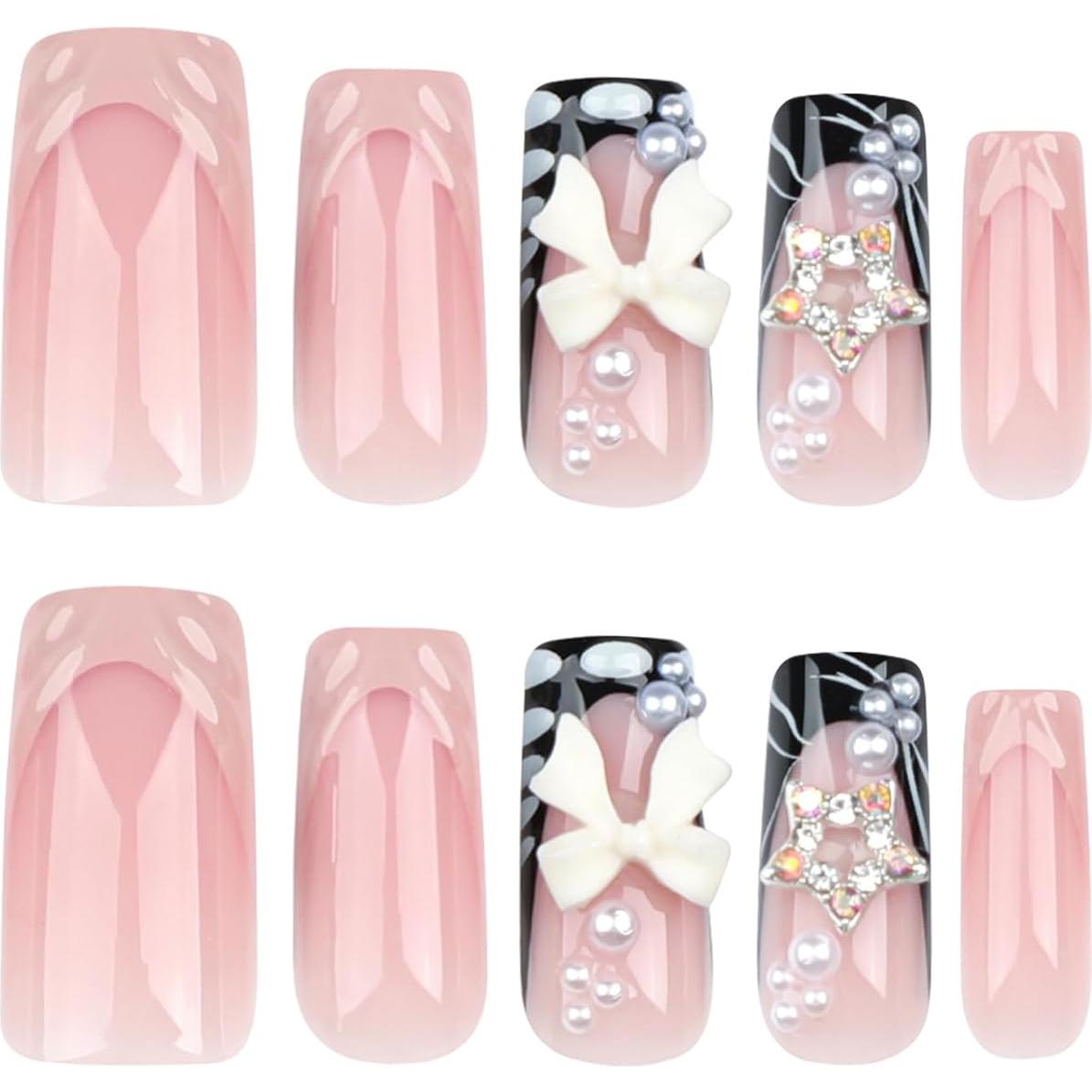 Uñas Postizas Acrílicas 3D UEYRSEDB 24Pcs Punta Francesa