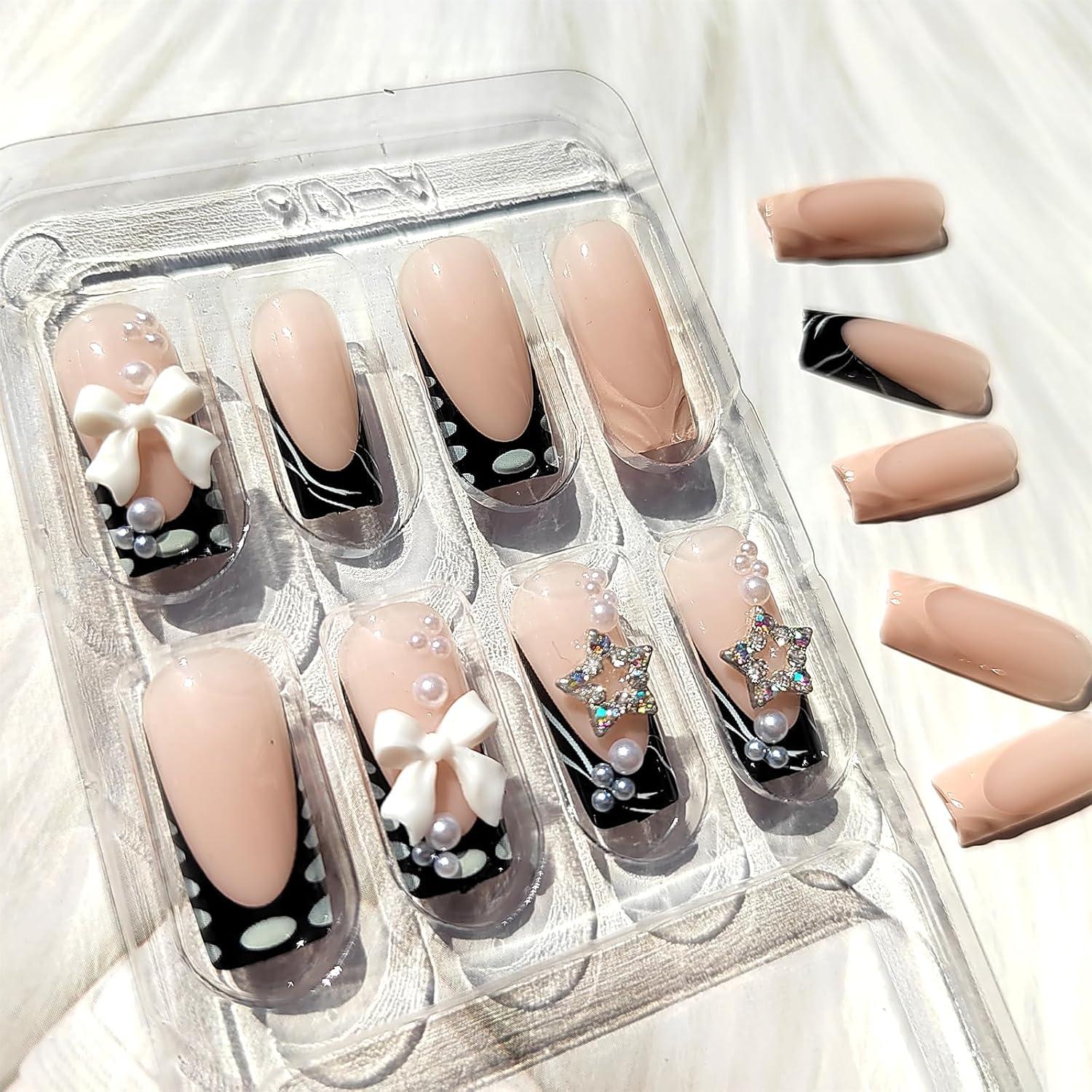 Uñas Postizas Acrílicas 3D UEYRSEDB 24Pcs Punta Francesa