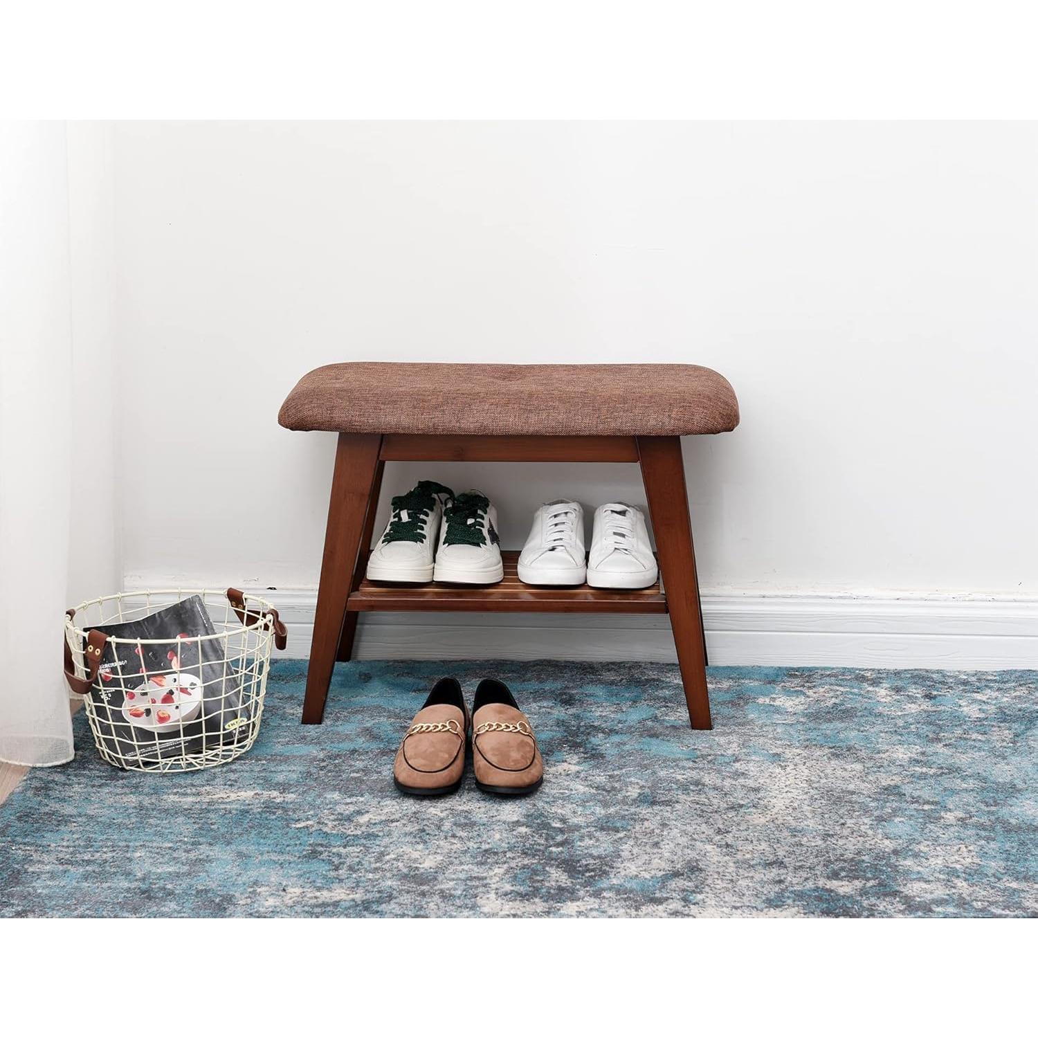Banco de Zapatos de Bambú SOBIBO 60 cm con Cojín Marrón