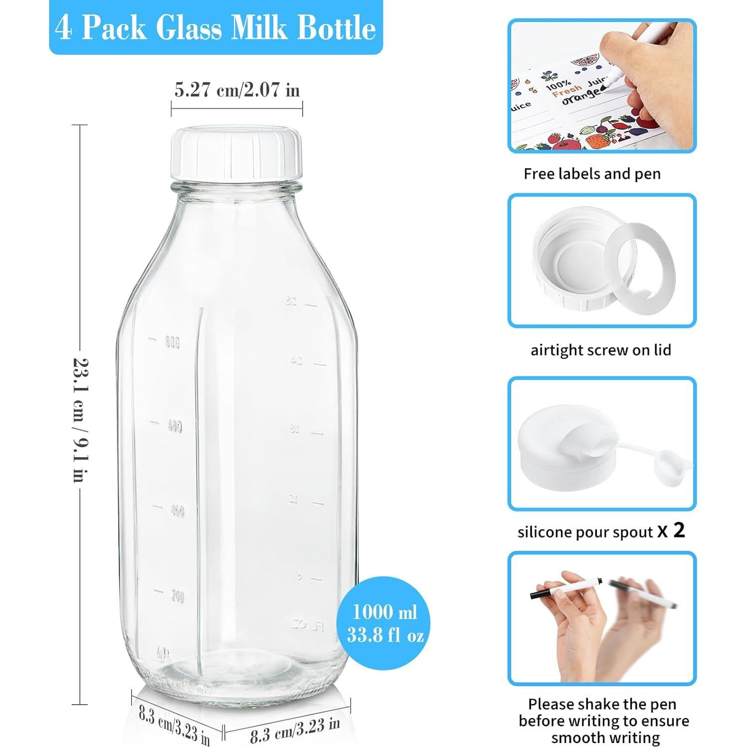 Paquete de 4 Botellas de Vidrio Syntic 1L Herméticas con Tapa