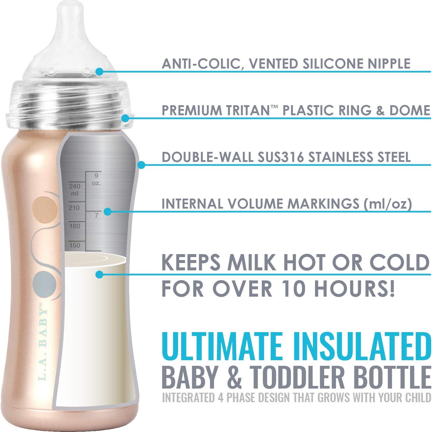 Botella de bebé de acero inoxidable 270ml LA Baby oro rosa