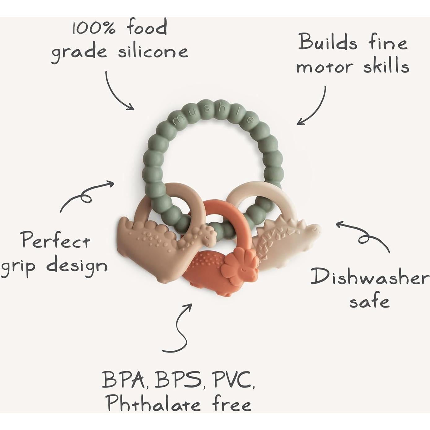 Anillo de Dentición Mushie Dino de Silicona 100% Seguro