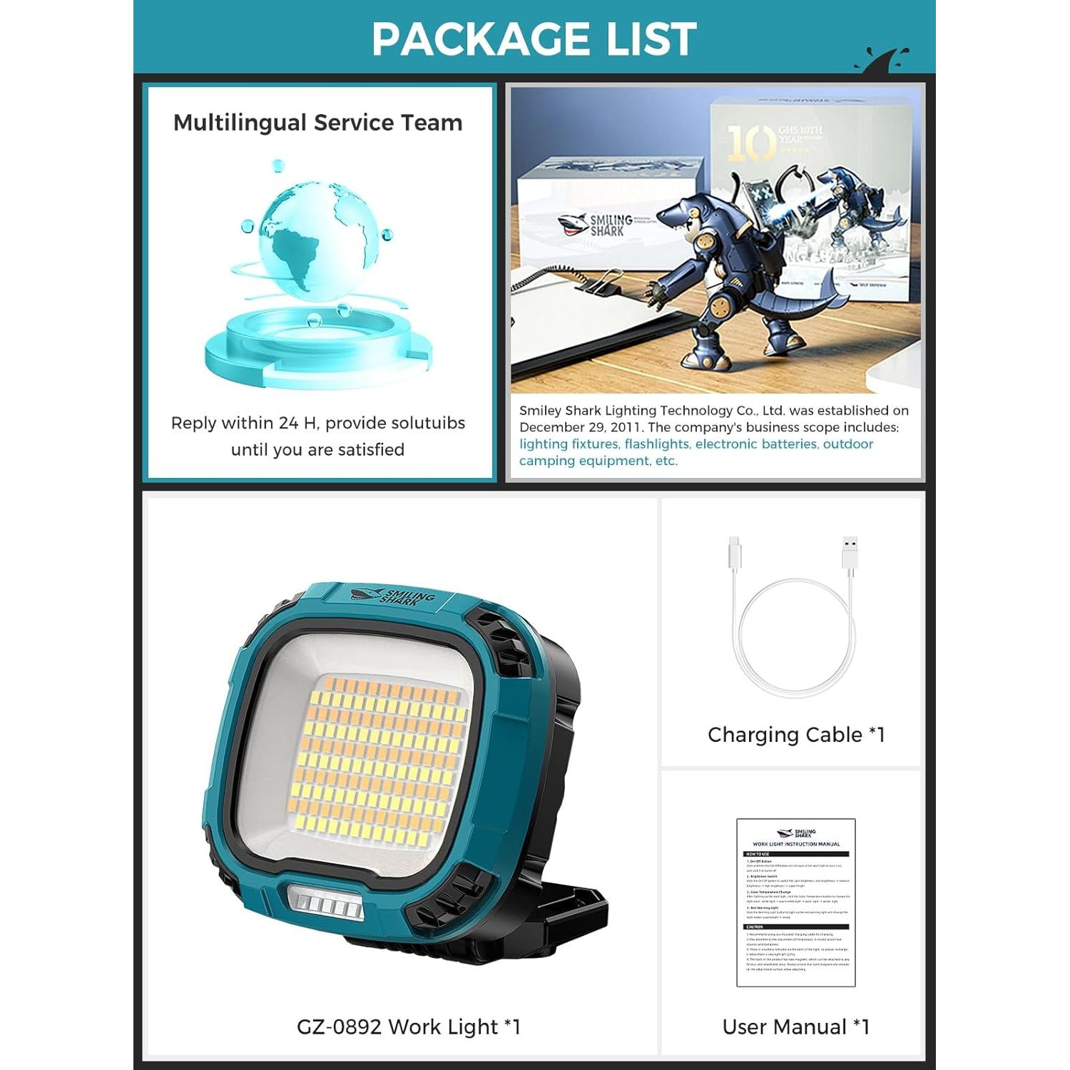 Luz de Trabajo LED Smiling Shark 7500mAh 4000 Lúmenes Inalámbrica